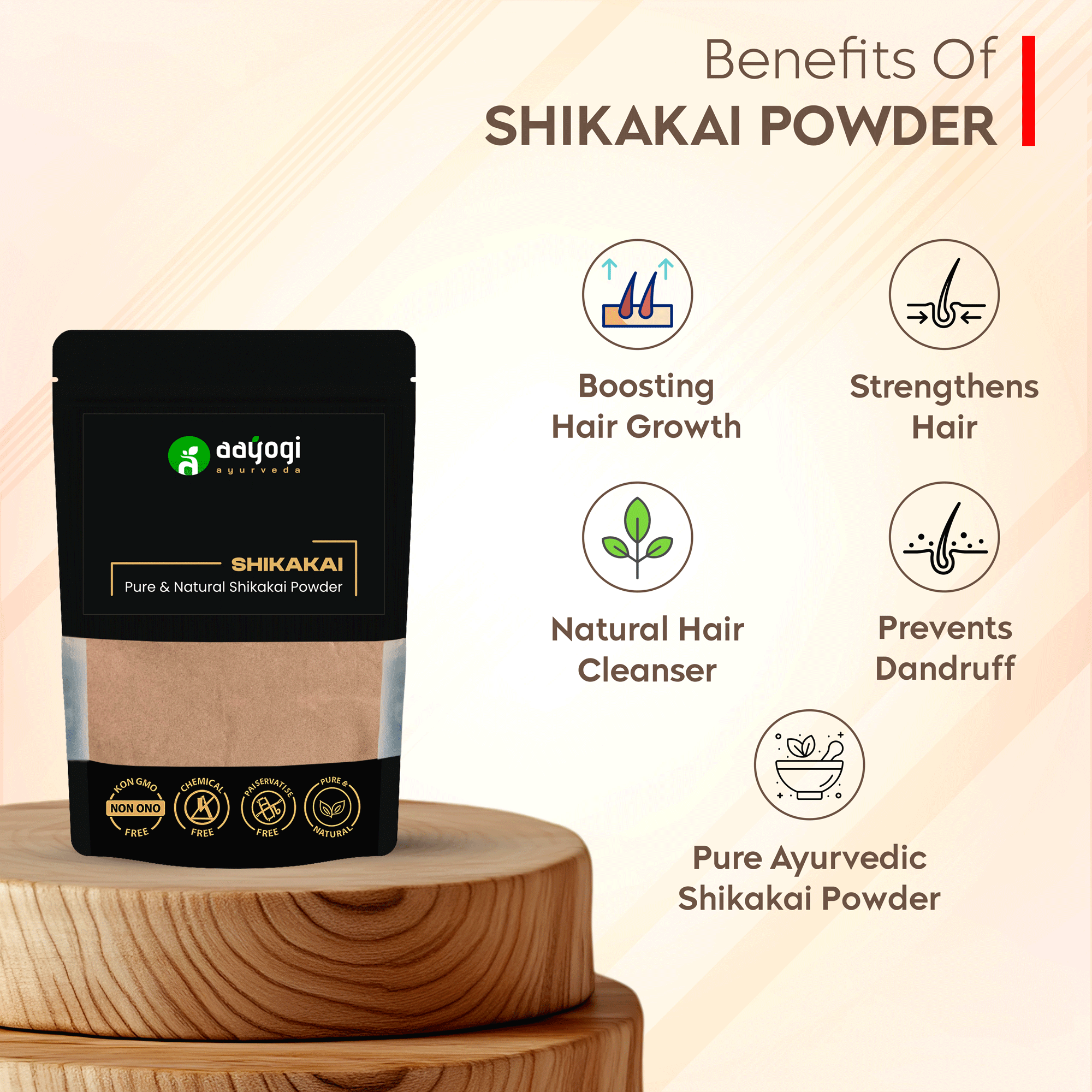 Aayogi Ayurveda Shikakai Powder package with benefits icons: boosts hair growth, strengthens hair, natural cleanser, prevents dandruff.