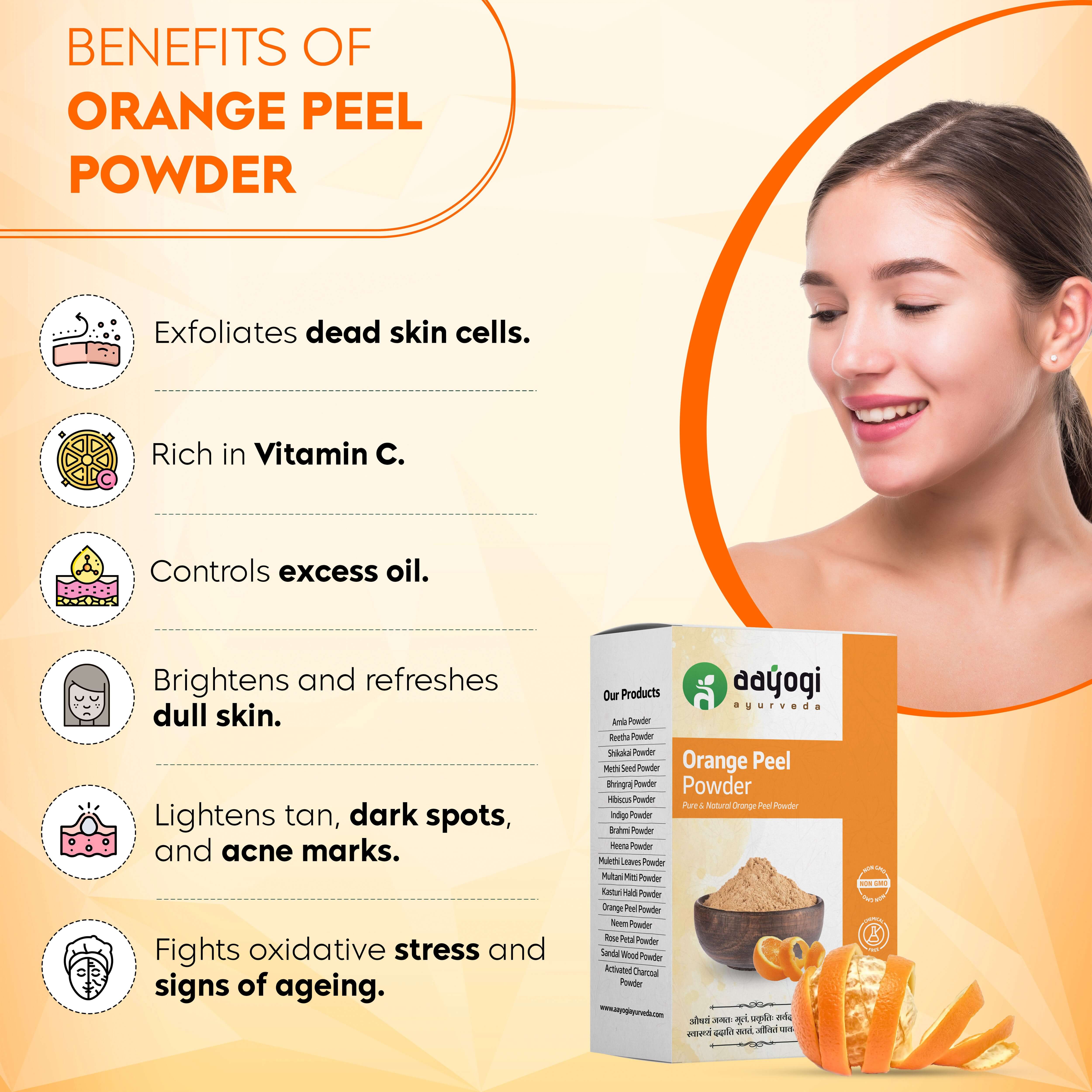 Benefits of Orange Peel Powder for skincare including exfoliation, Vitamin C, controls oil, brightens skin, fights aging