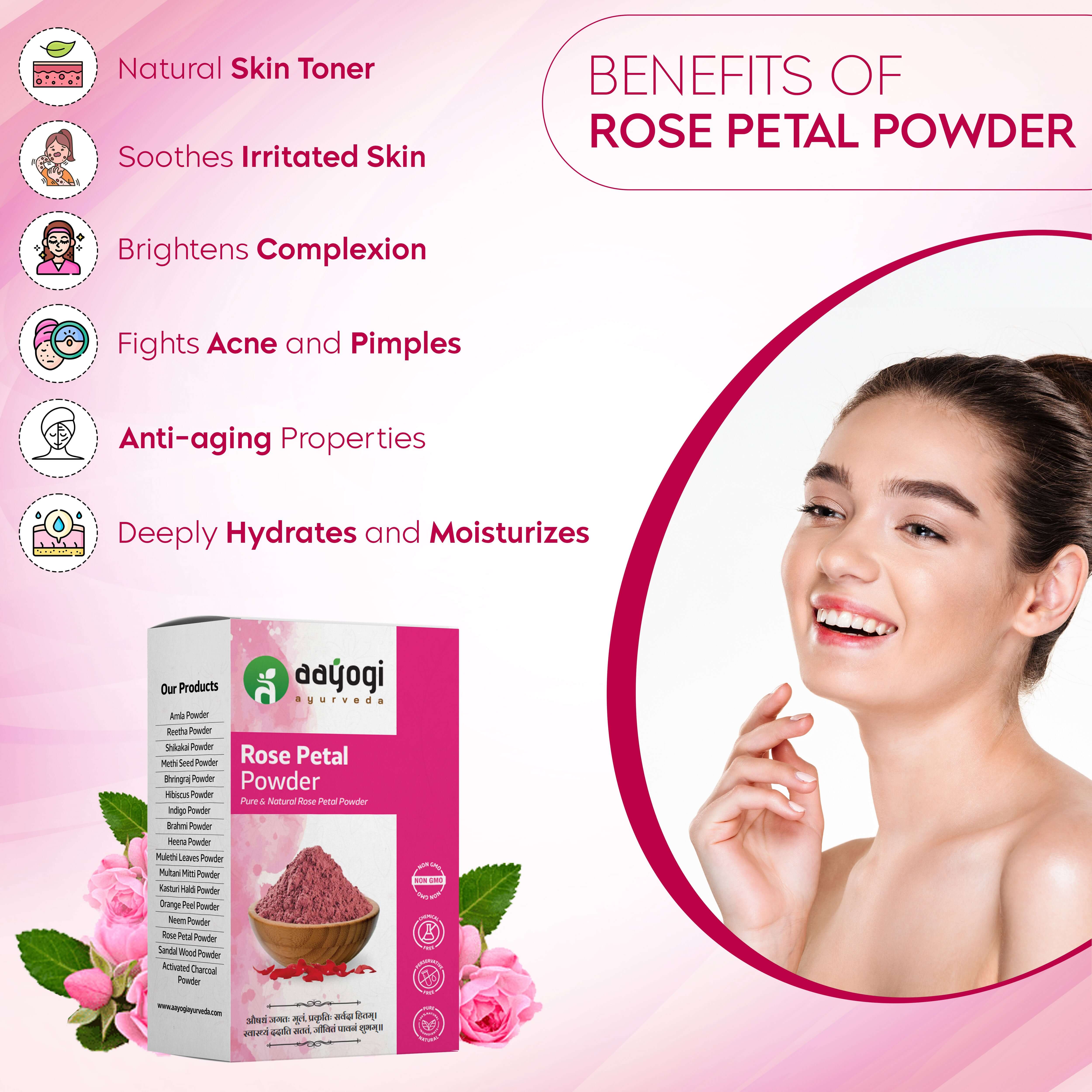 Rose Petal Powder benefits infographic with smiling woman and product box, highlighting natural skin toner, anti-aging, hydration.