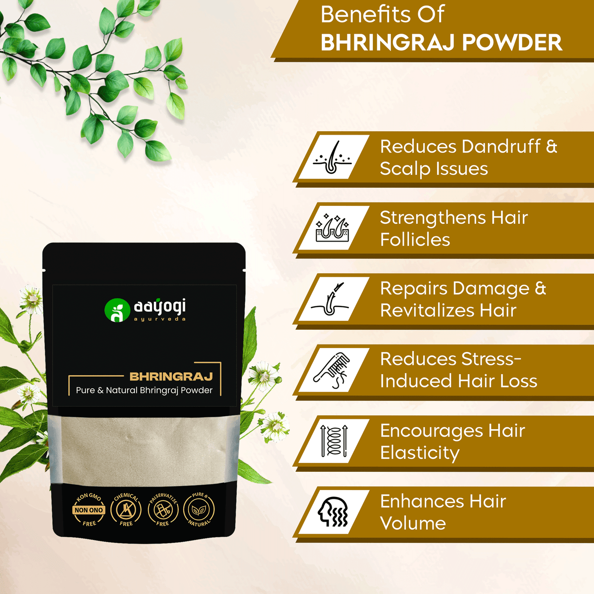 Aayogi Ayurveda Bhringraj Powder benefits: reduces dandruff, strengthens hair, repairs damage, stress-reduction, boosts volume, elasticity.