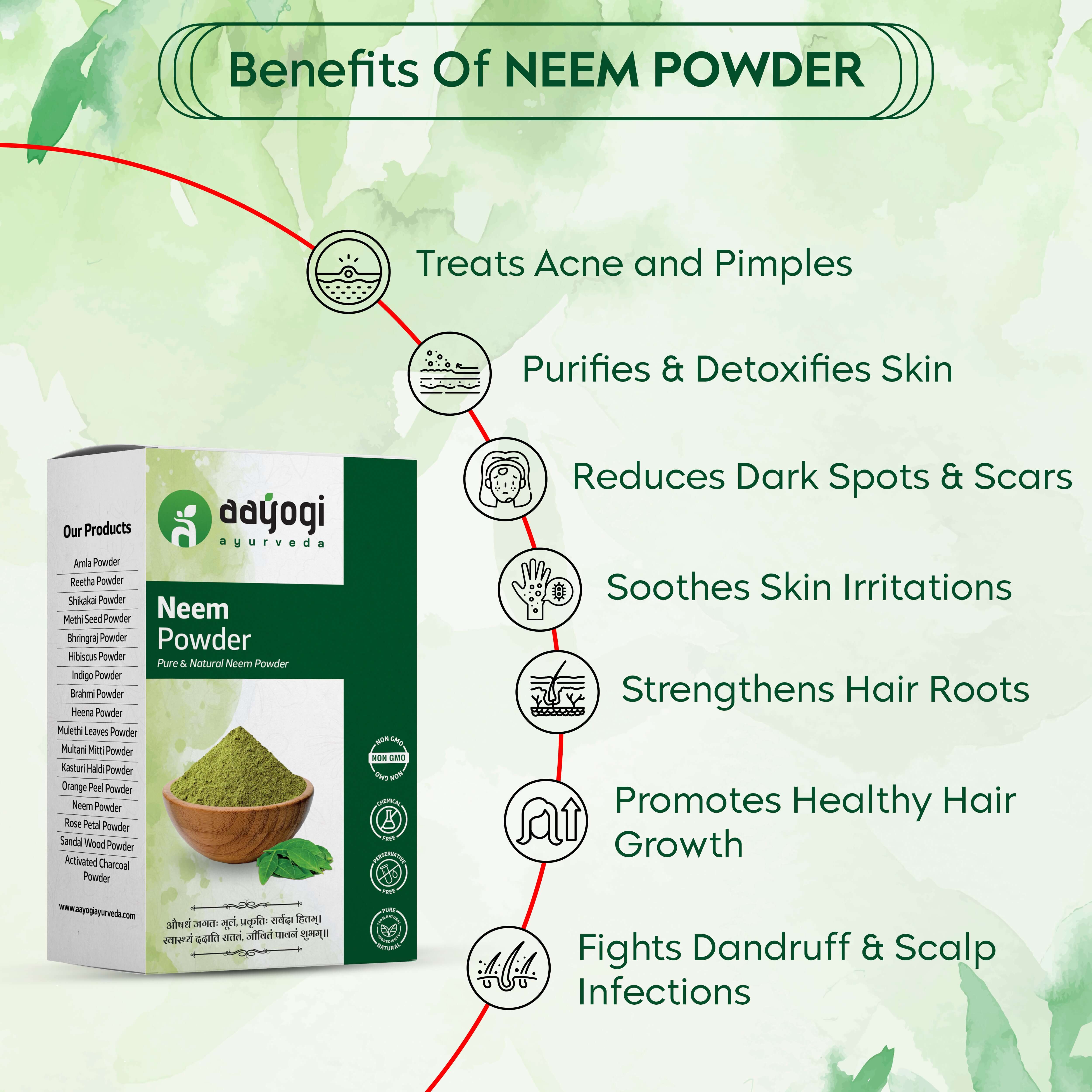Neem powder benefits: acne treatment, skin detoxification, dark spot reduction, skin soothing, hair root strengthening, dandruff control