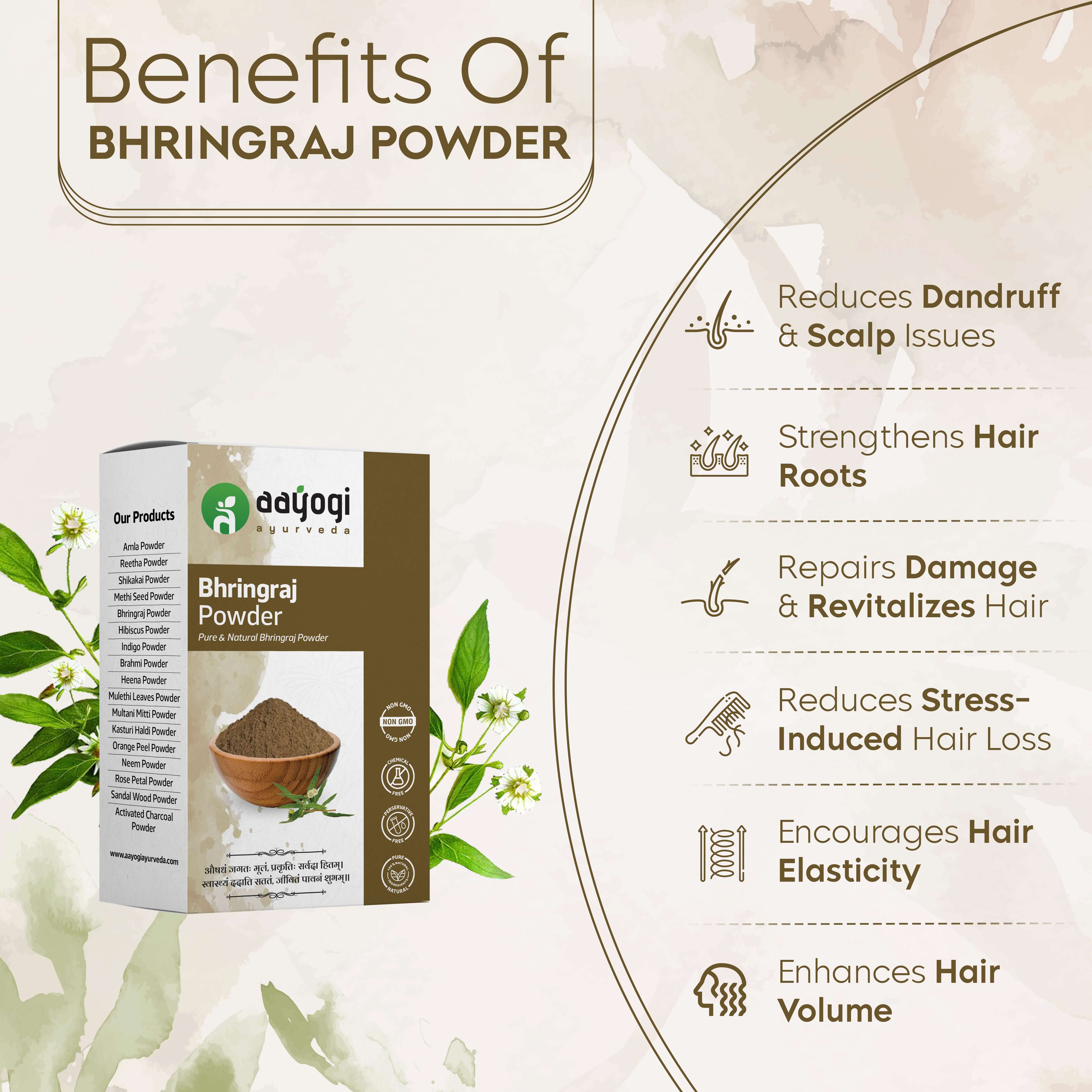 Bhringraj Powder Benefits: Reduces dandruff, strengthens hair roots, repairs damage, reduces hair loss, enhances elasticity and volume.