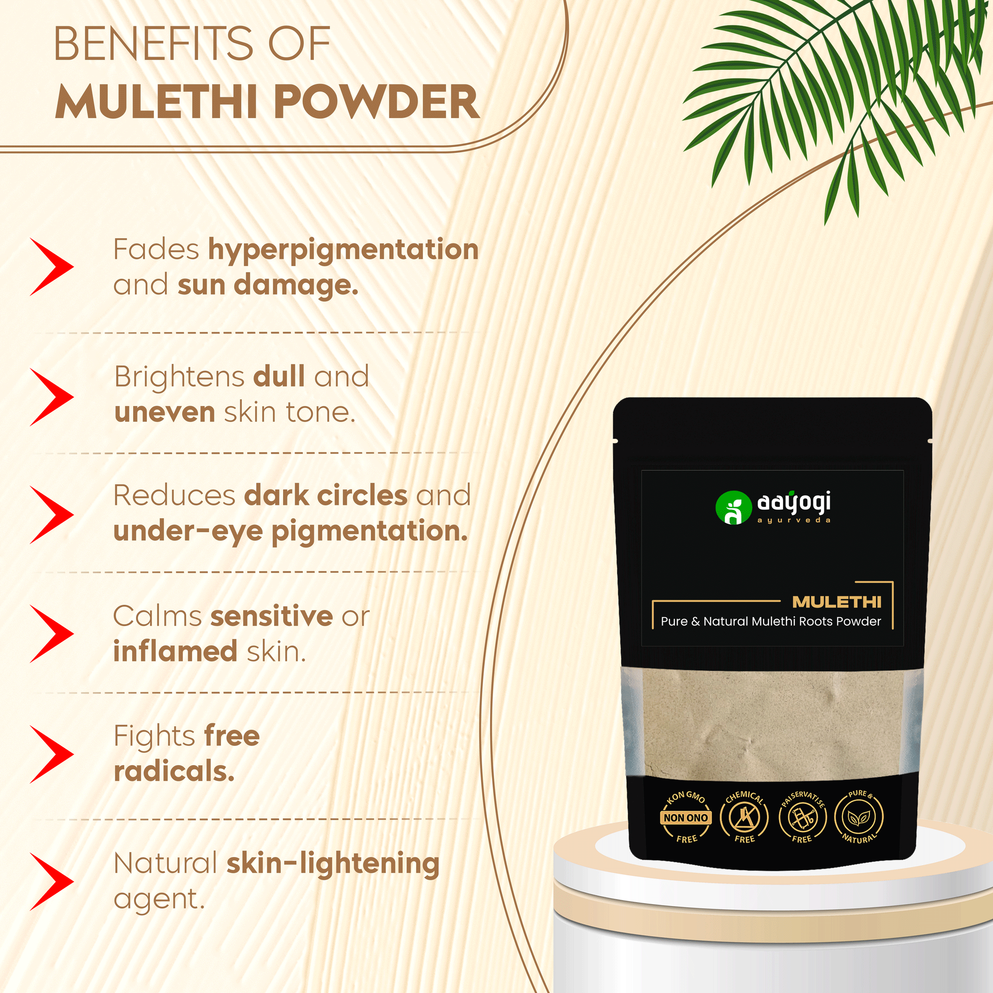 Benefits of Mulethi Powder for skin enhancement and protection against sun damage. Aayogi Ayurveda pure and natural product packaging.