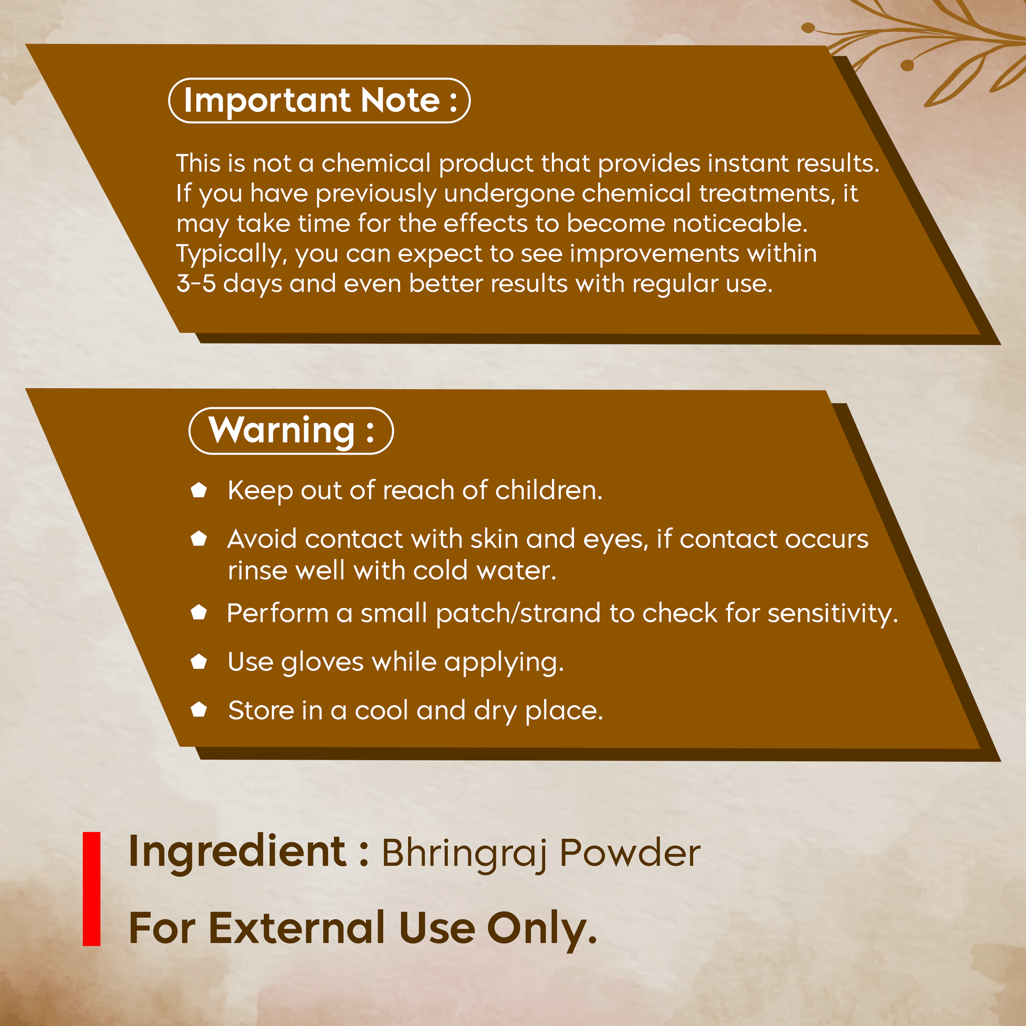 Important and warning notes for Aayogi Ayurveda Bhringraj Powder instructions.