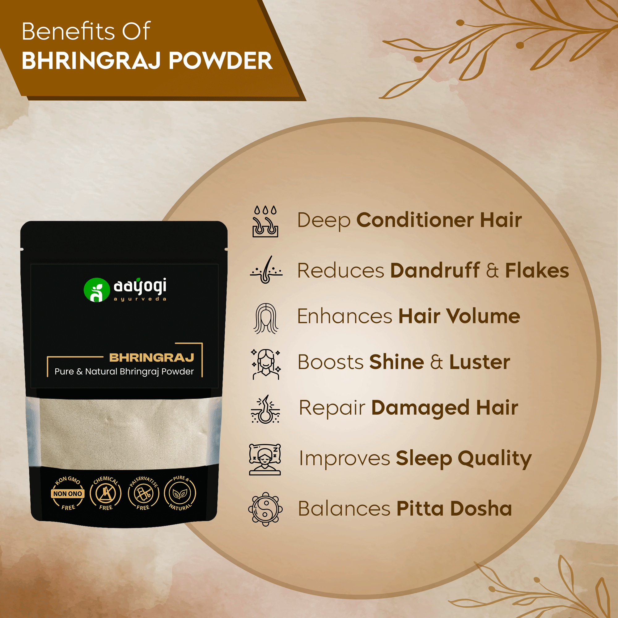 Benefits of Aayogi Ayurveda Bhringraj Powder including hair conditioning, dandruff reduction, and pitta dosha balance.