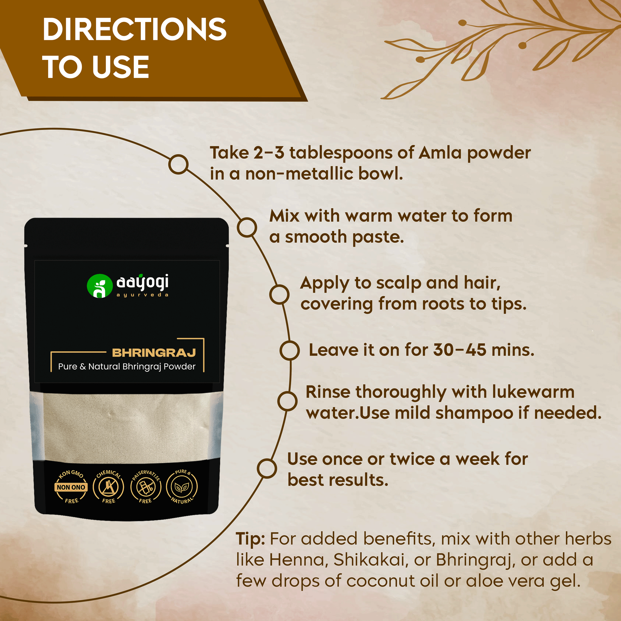 Aayogi Ayurveda Bhringraj Powder packaging with usage directions for hair care and scalp treatment.