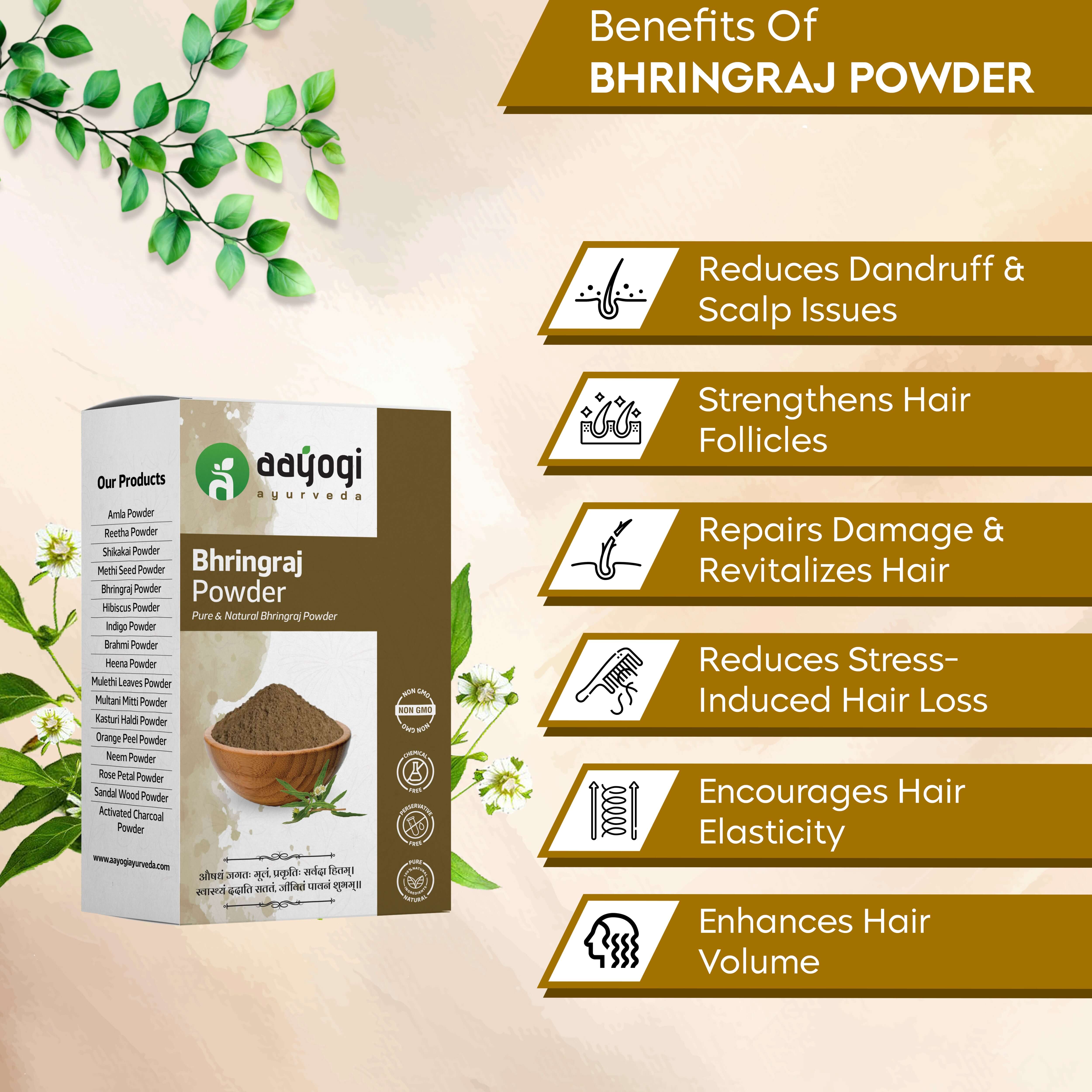 Bhringraj powder benefits including dandruff reduction, hair strengthening, damage repair, and increased hair volume with Ayurvedic herbs.