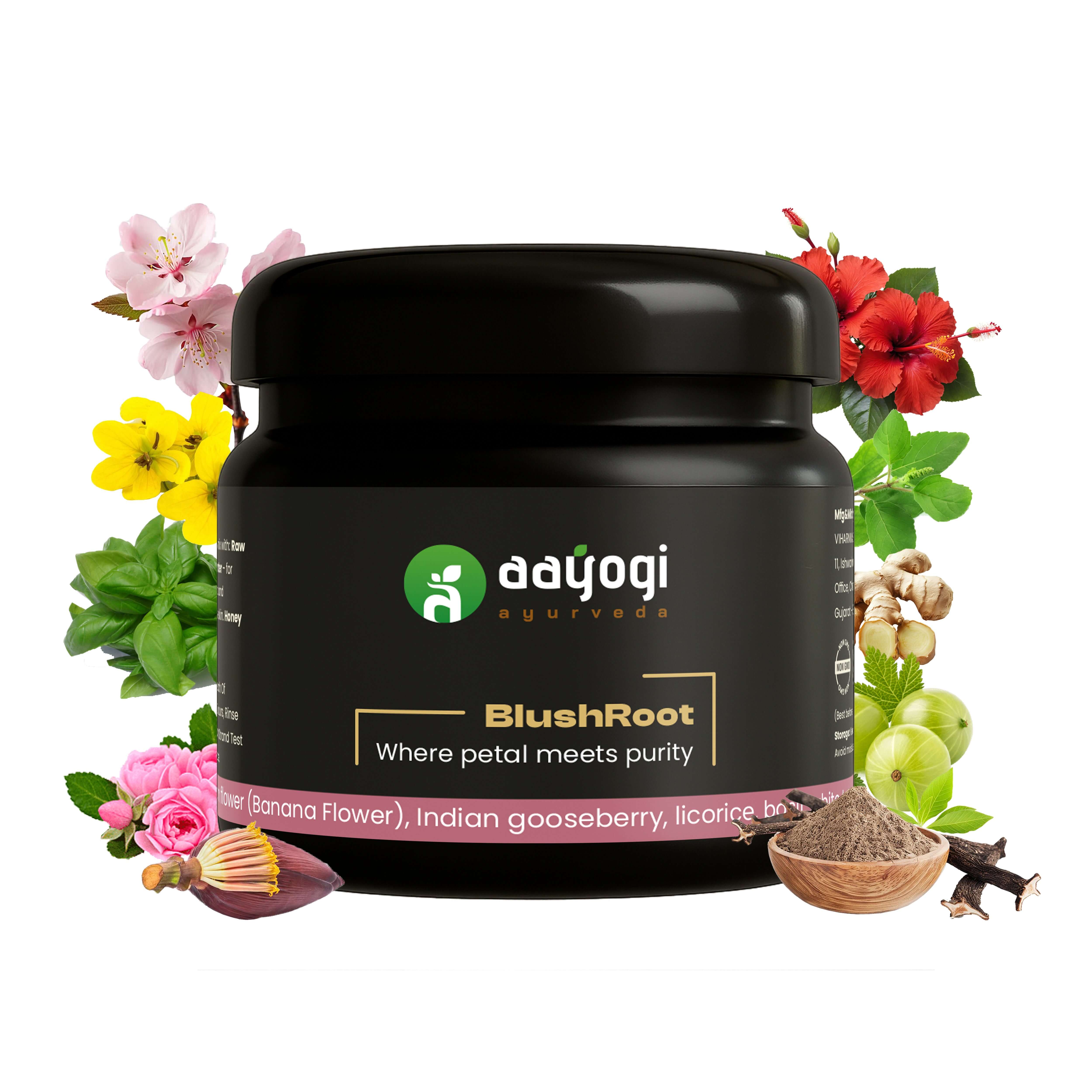 Aayogi Ayurveda BlushRoot Hibiscus Face Wash Powder surrounded by natural ingredients like hibiscus, rose, and turmeric for skin glow.
