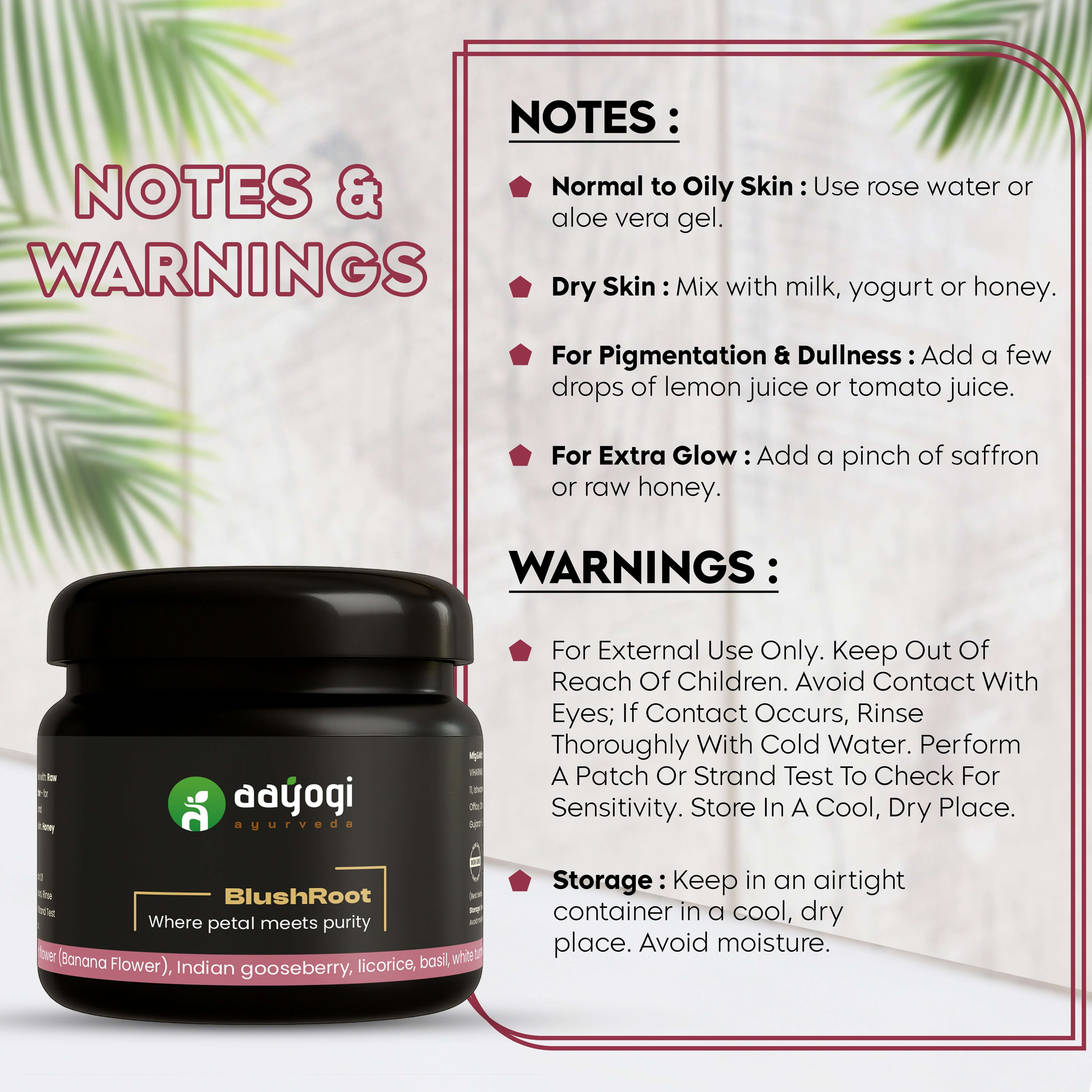 Aayogi Ayurveda BlushRoot Hibiscus Face Wash Powder jar with notes and warnings for usage.