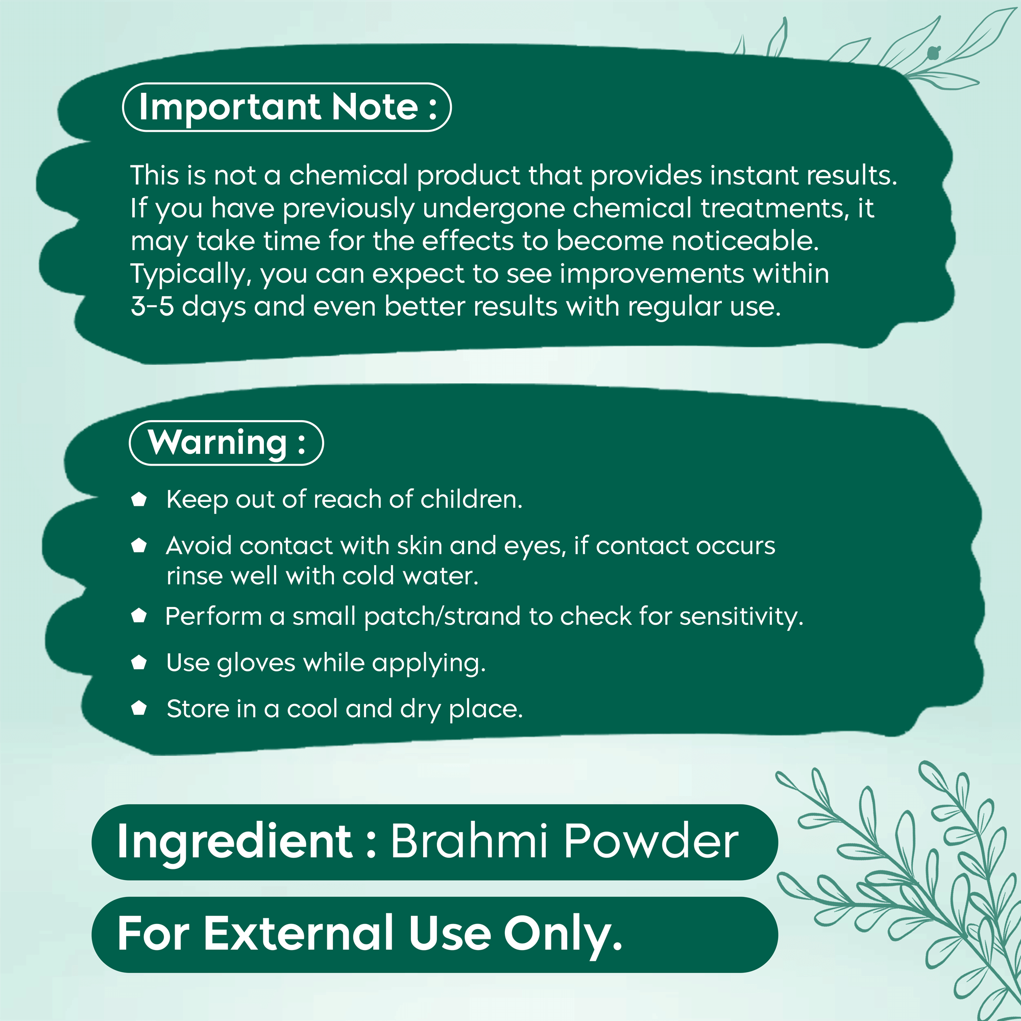 Important notes and warnings for using Aayogi Ayurveda Brahmi Powder, including ingredient details and safety instructions.