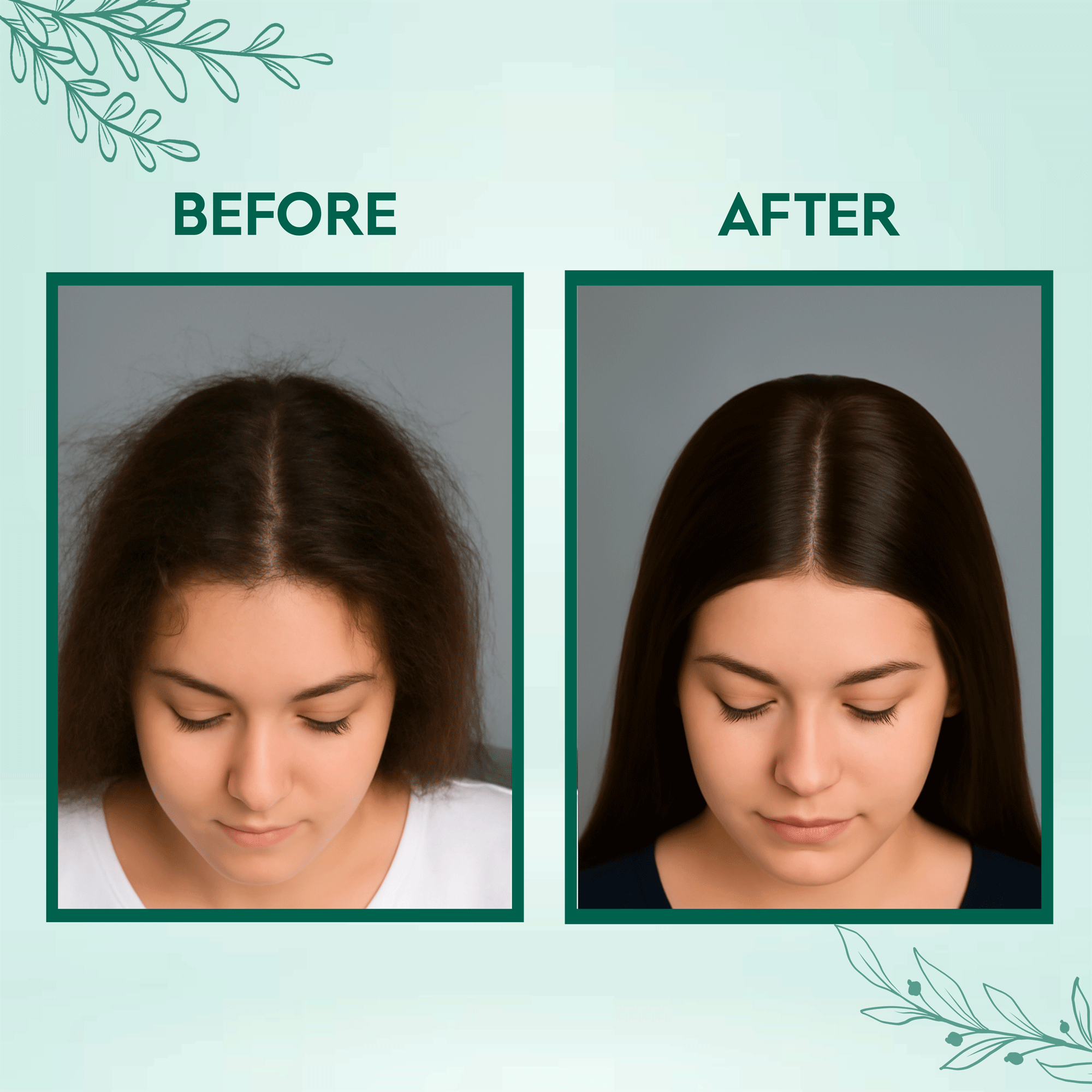 Before and after comparison of hair growth using Aayogi Ayurveda Brahmi powder, showing improved scalp health and thicker hair.