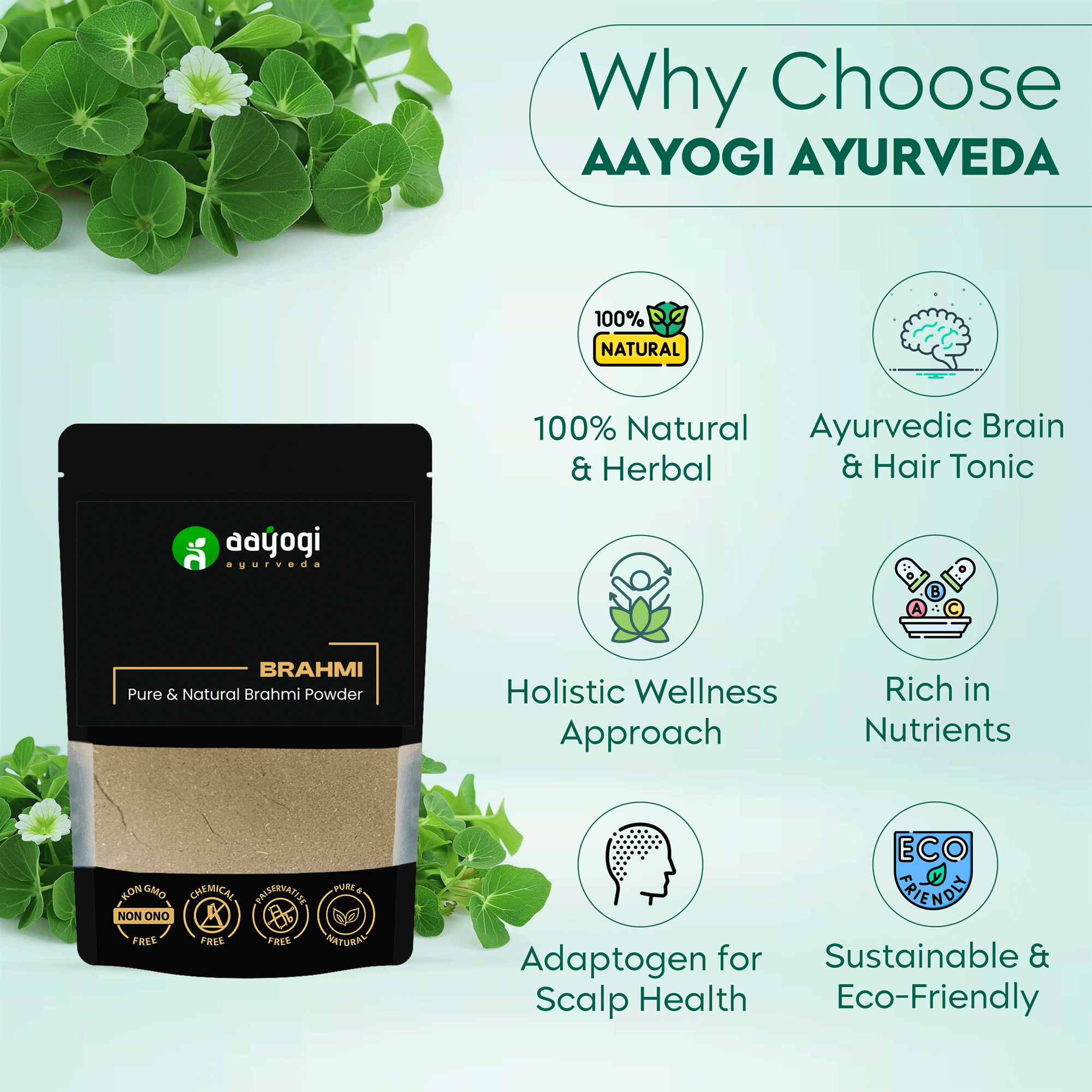 Aayogi Ayurveda Brahmi Powder 100% Natural & Herbal, for hair growth and scalp cooling, with sustainability and wellness benefits.