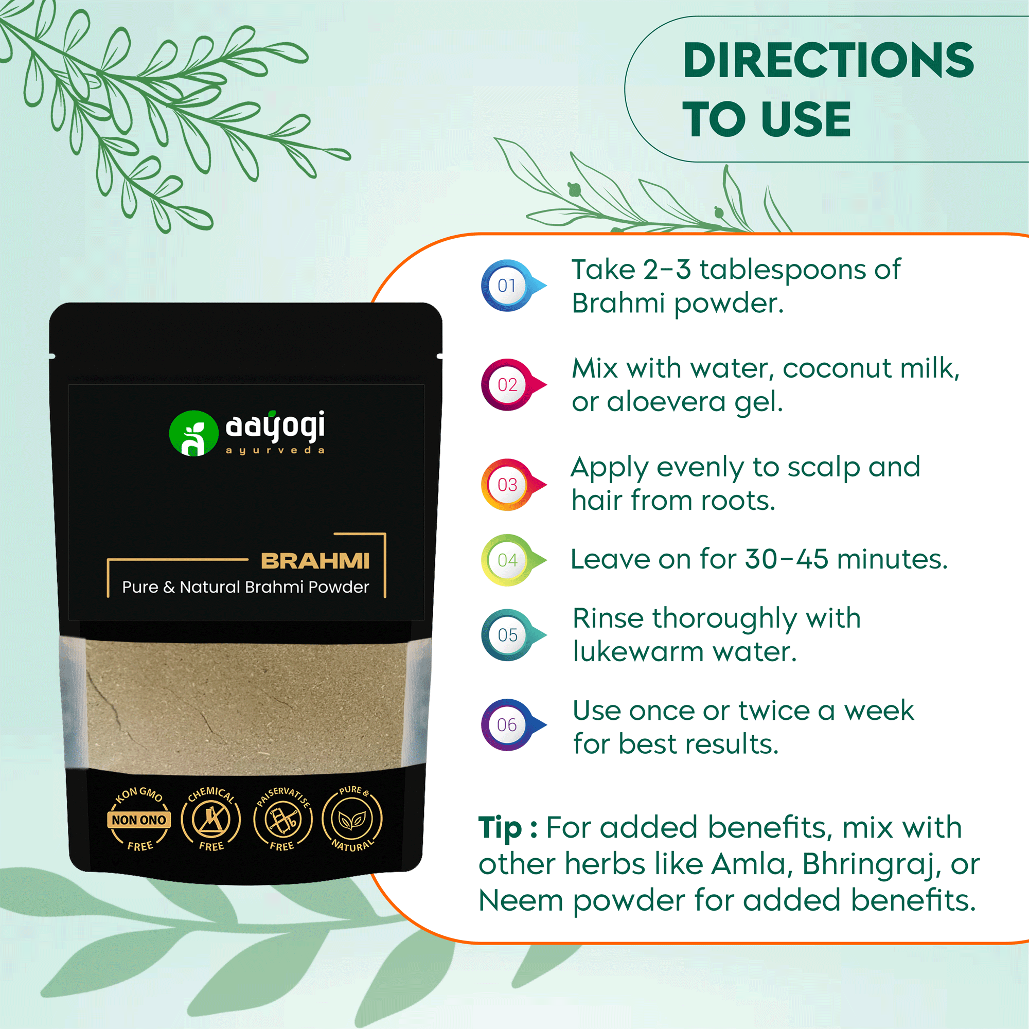 Aayogi Ayurveda Brahmi Powder packaging with usage directions for scalp and hair care.