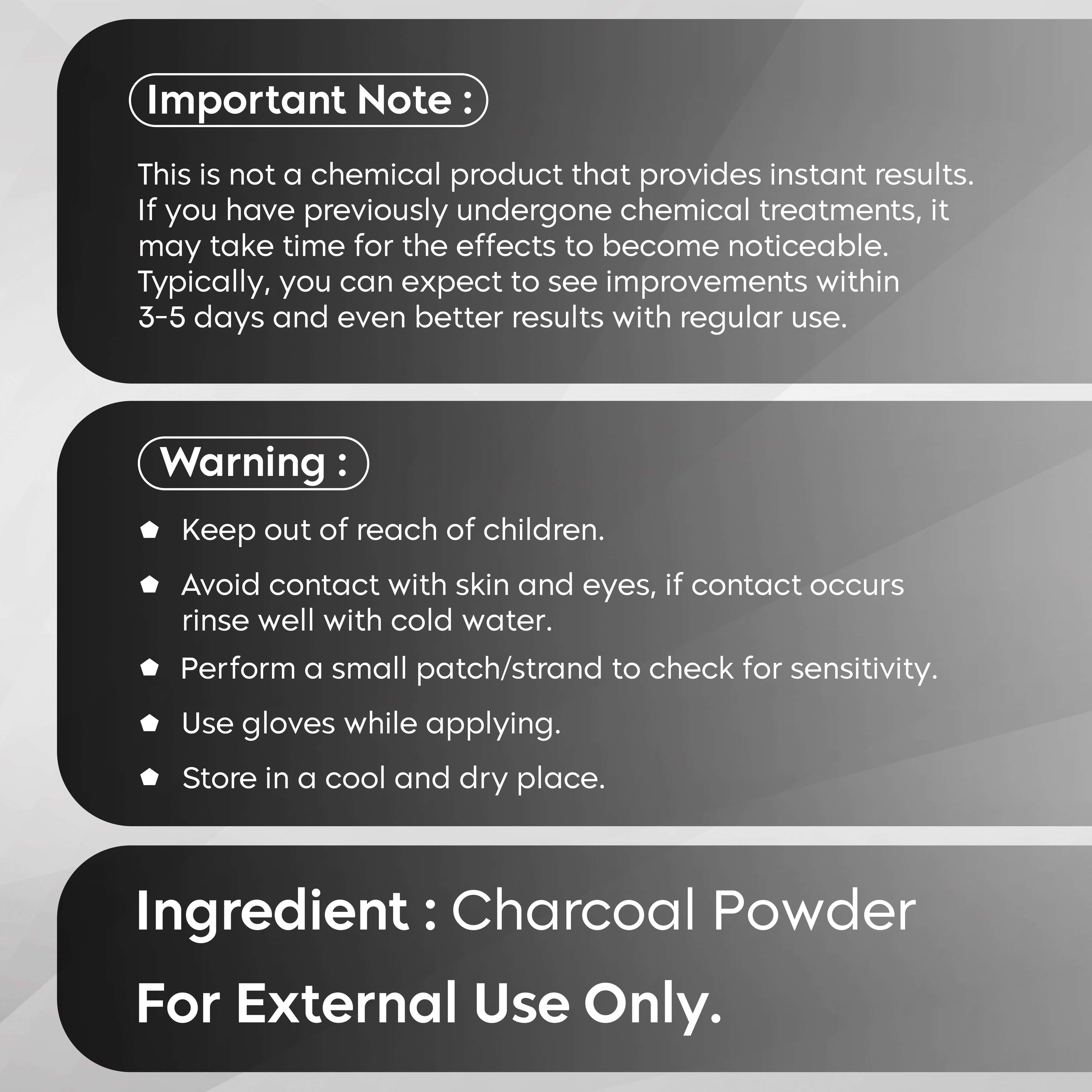 Instructions and warnings for Pure & Fresh Activated Charcoal Powder use, including safety tips and ingredient details.