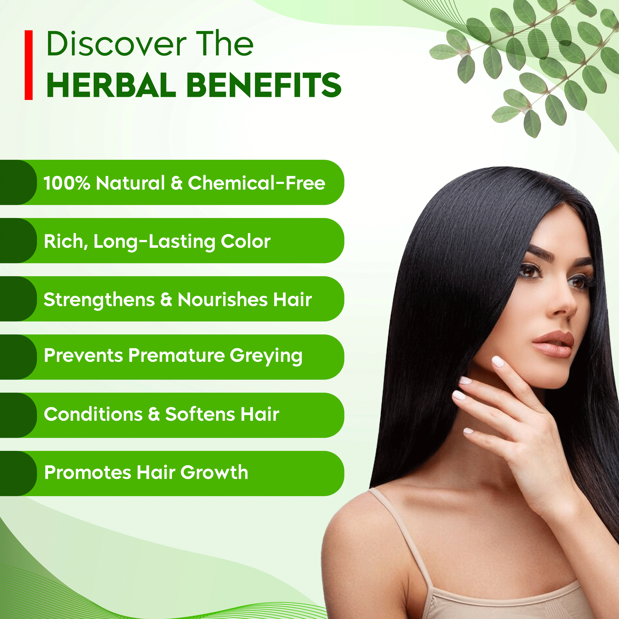 Woman showcasing Aayogi Ayurveda's Herbal Hair Color Benefits: Natural, Chemical-Free, Nourishing, Anti-Grey, Stronger Hair, Promotes Growth.