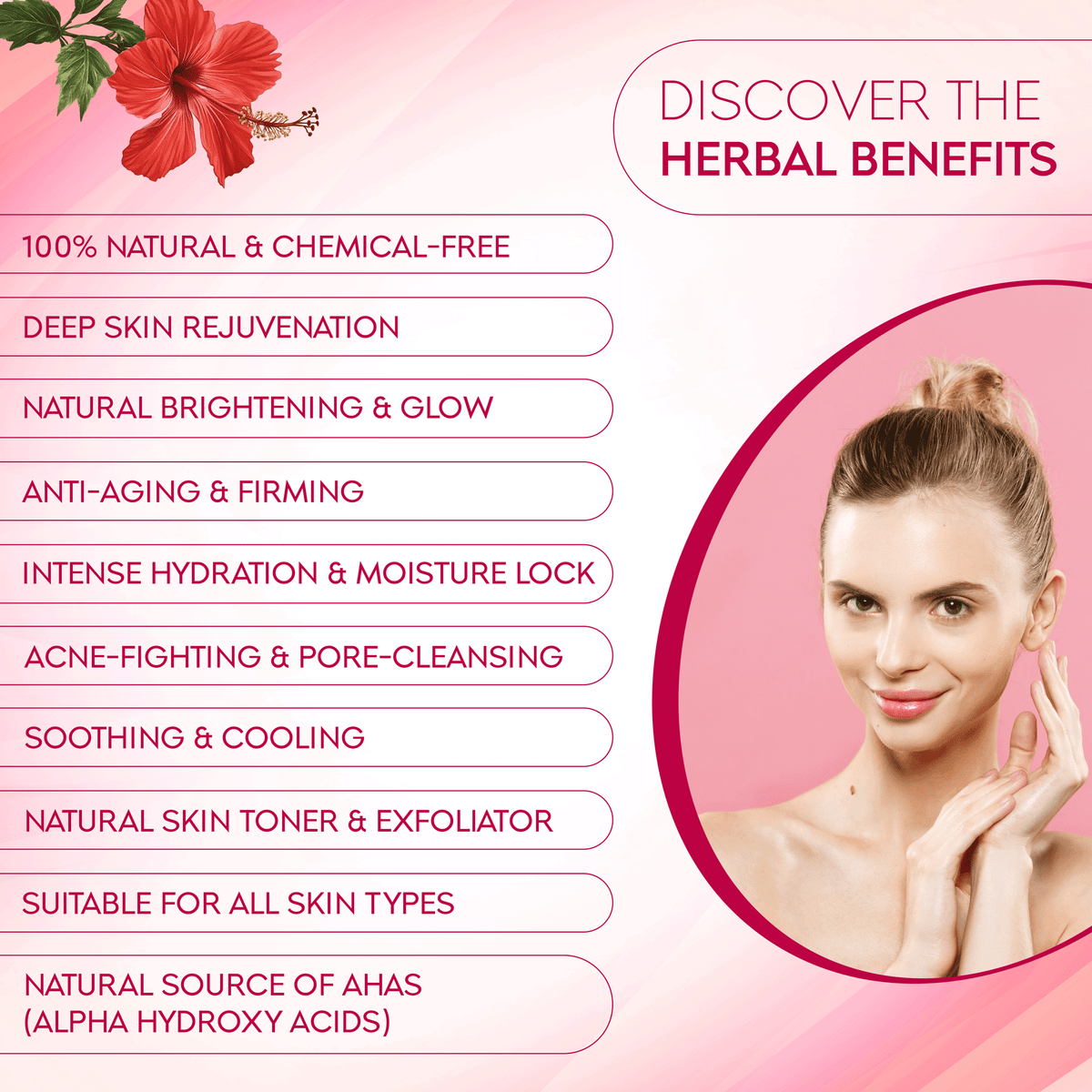 Aayogi Ayurveda herbal benefits infographic highlighting hydration, glow, anti-aging, acne-fighting, and chemical-free properties with model.