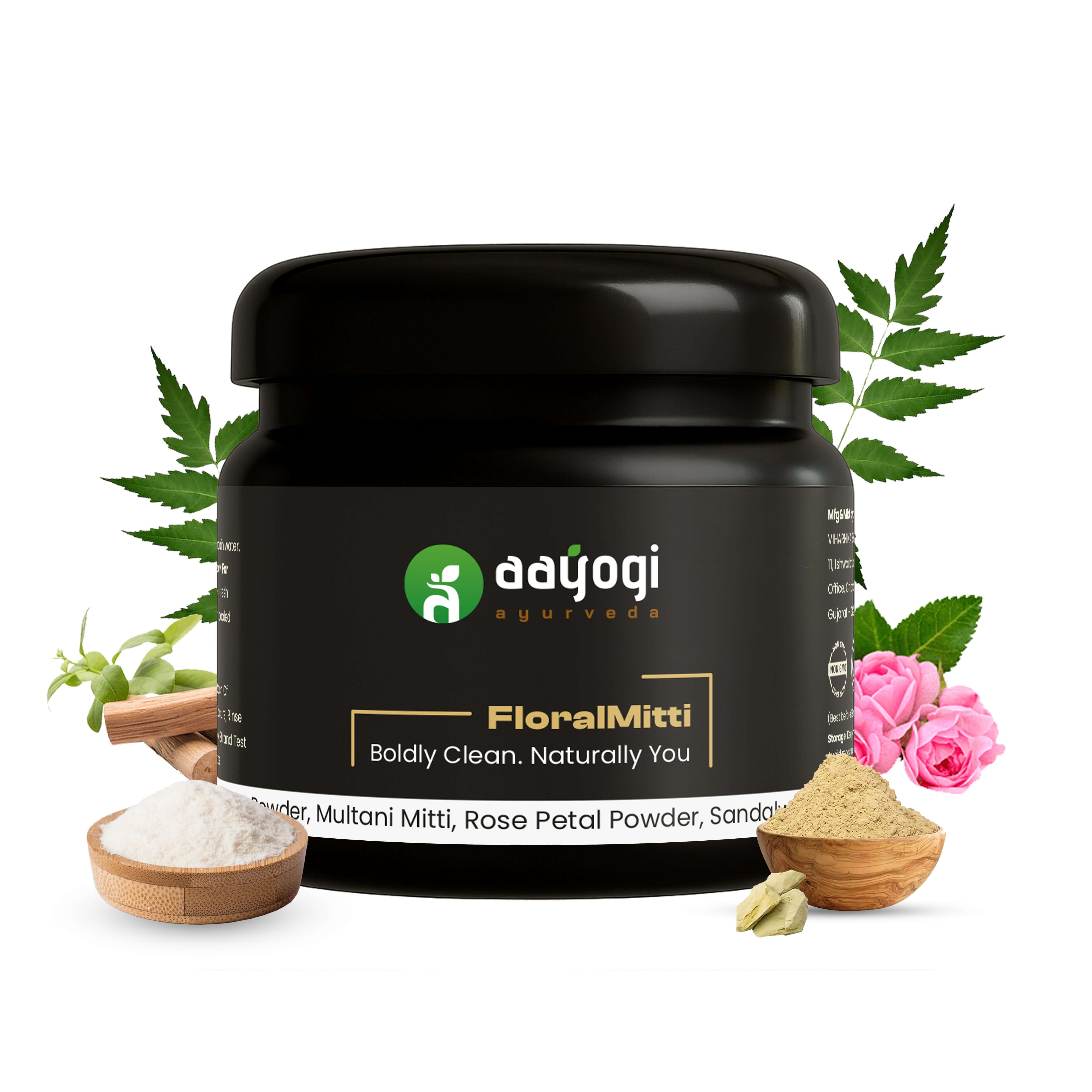 FloralMitti Ayurvedic Skin Detox Powder by Aayogi Ayurveda with Neem, Multani Mitti, and Rose for clear, radiant skin.