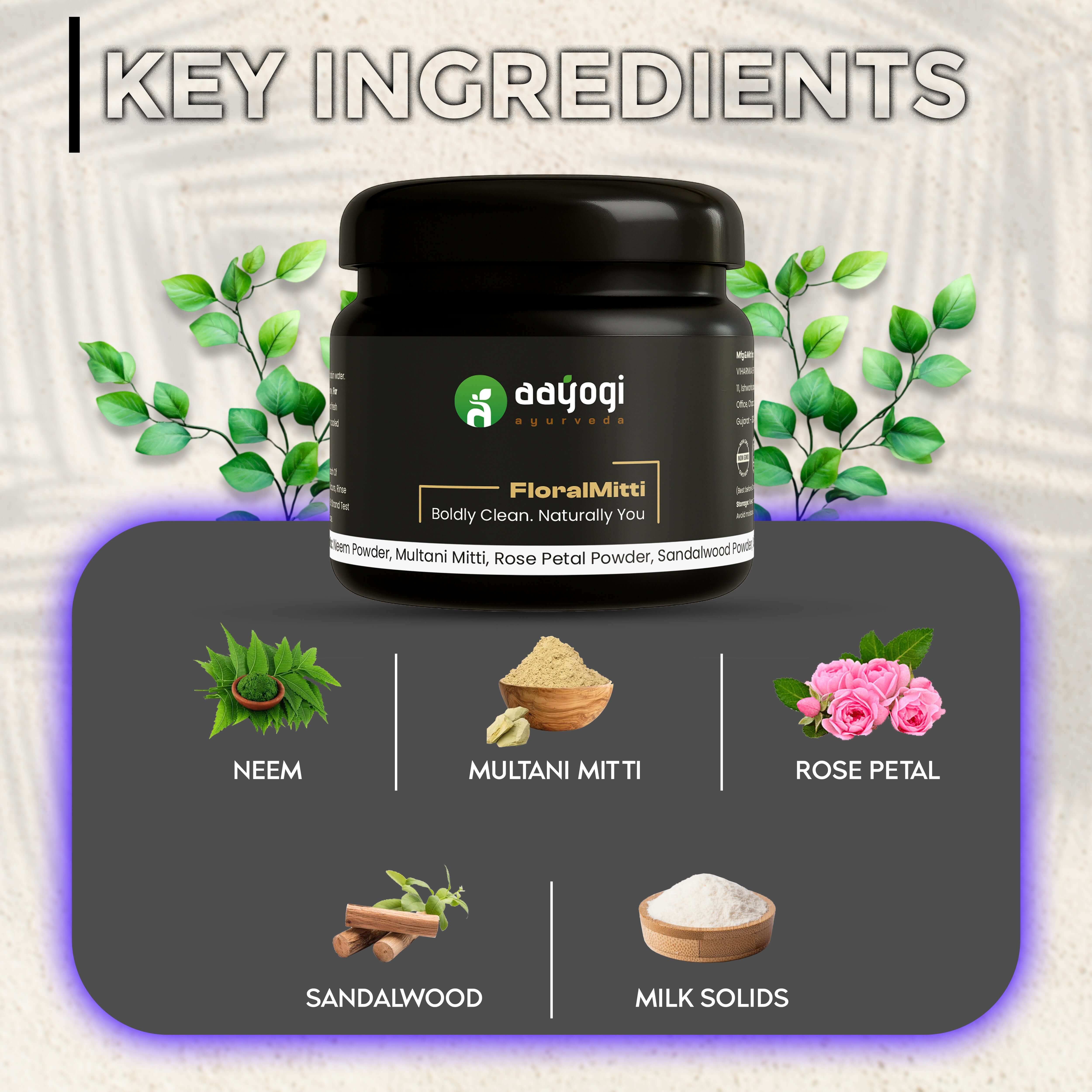 FloralMitti Skin Detox Powder by Aayogi Ayurveda featuring key ingredients like Neem, Multani Mitti, Rose, Sandalwood, and Milk Solids.