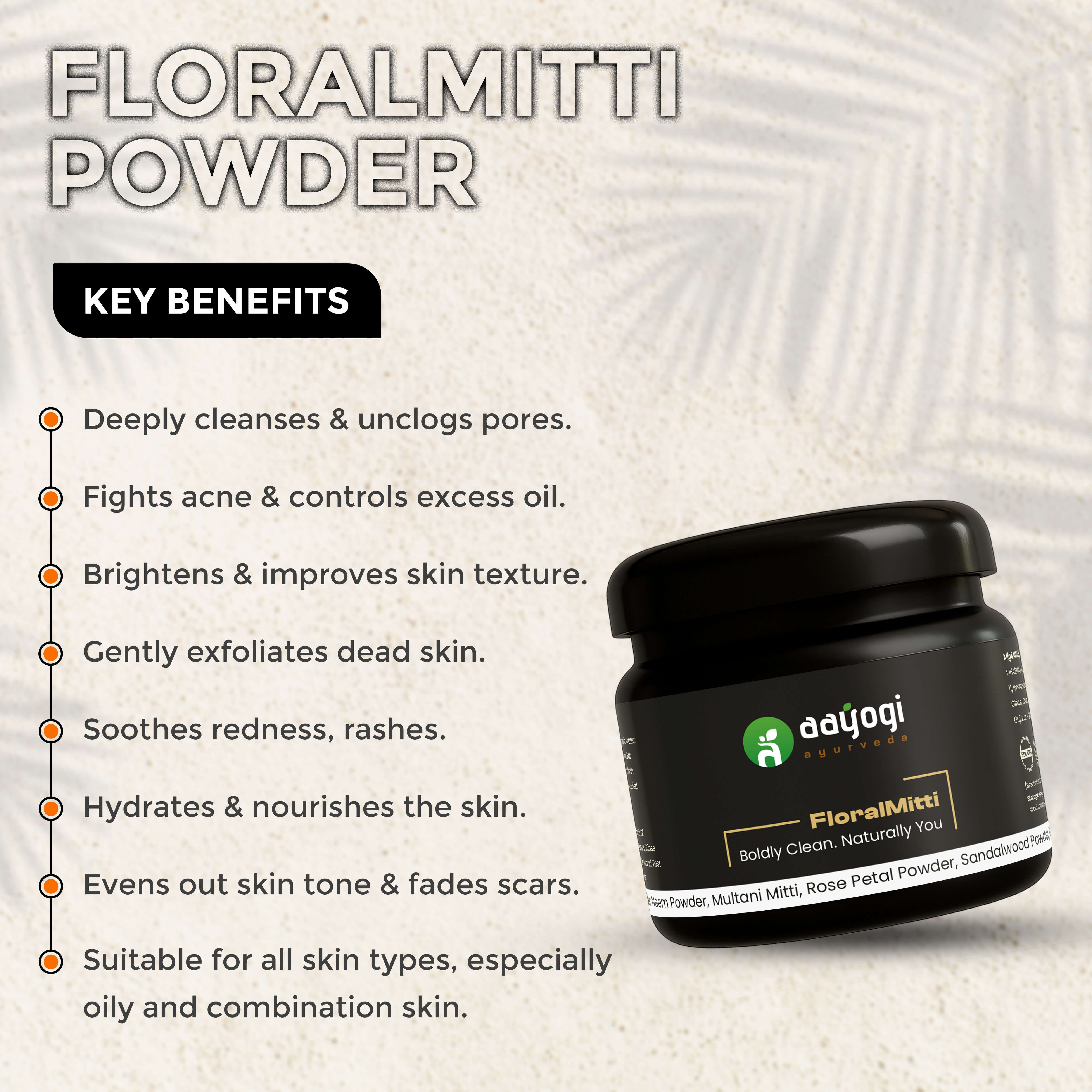 FloralMitti Skin Detox Powder by Aayogi Ayurveda for clear, radiant skin with Neem, Multani Mitti, and natural ingredients.