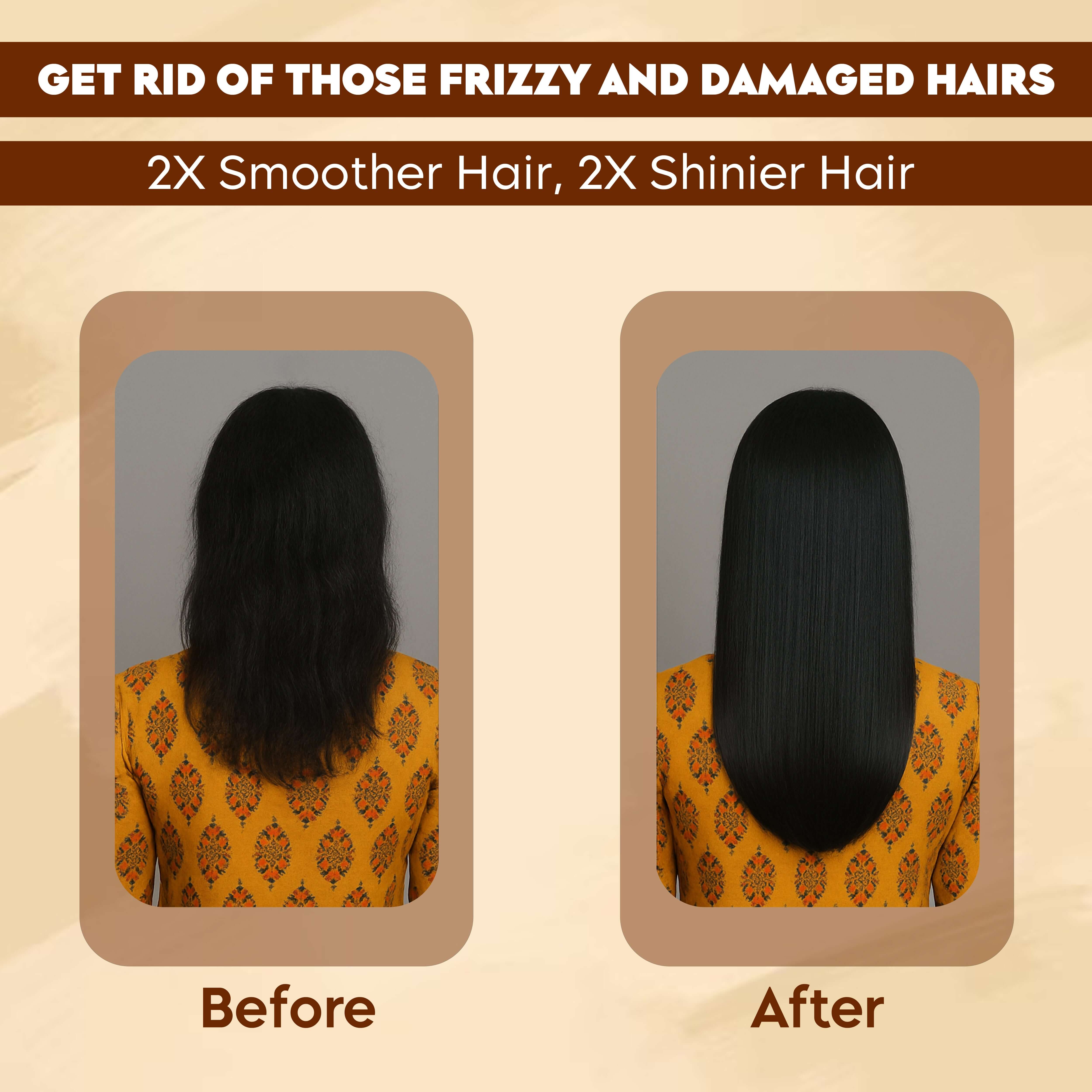 Before and after of hair treatment using Amla, Bhringraj, Hibiscus, Methi powders for smoother, shinier hair