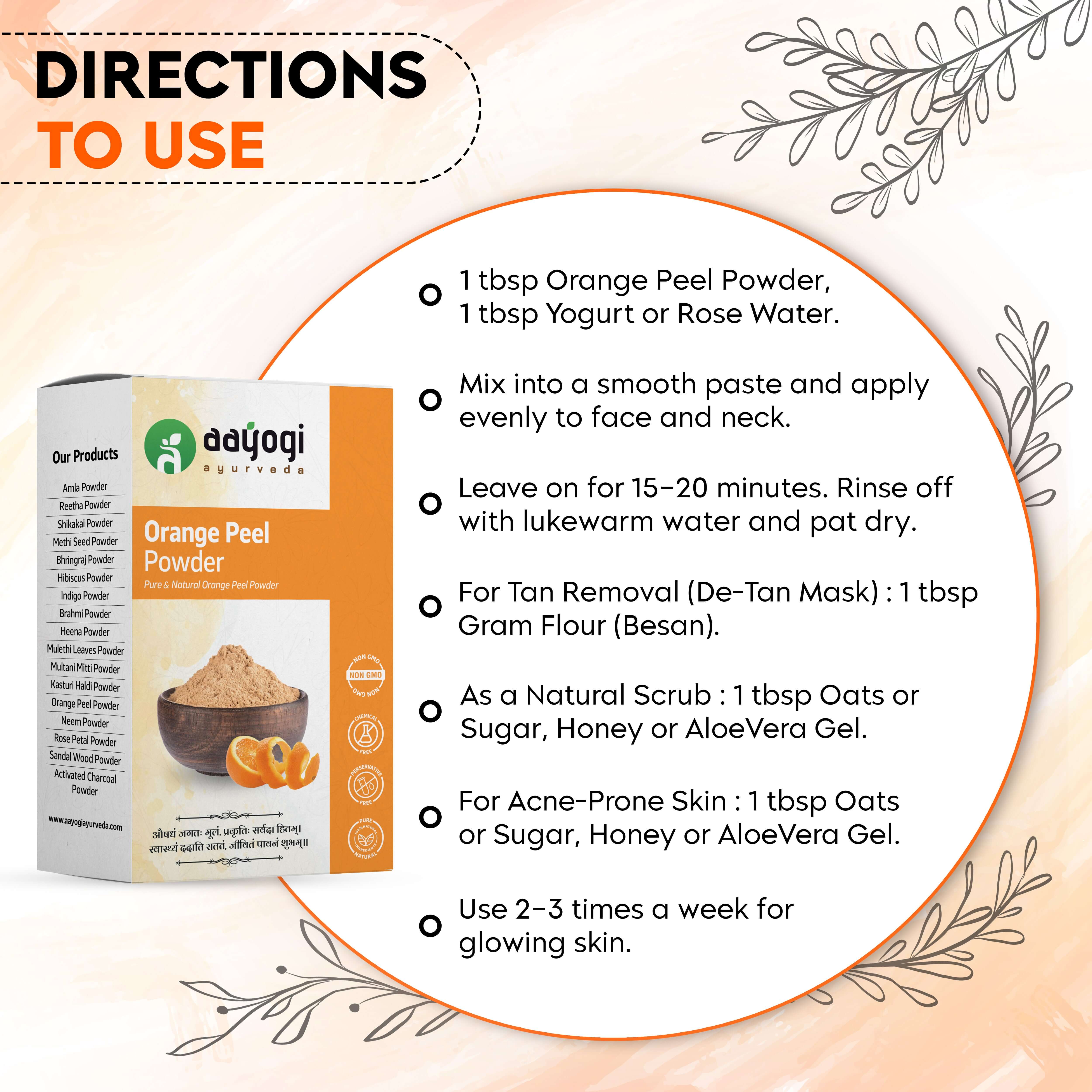 Aayogi Ayurveda Orange Peel Powder with application directions for hair and skincare on packaging.