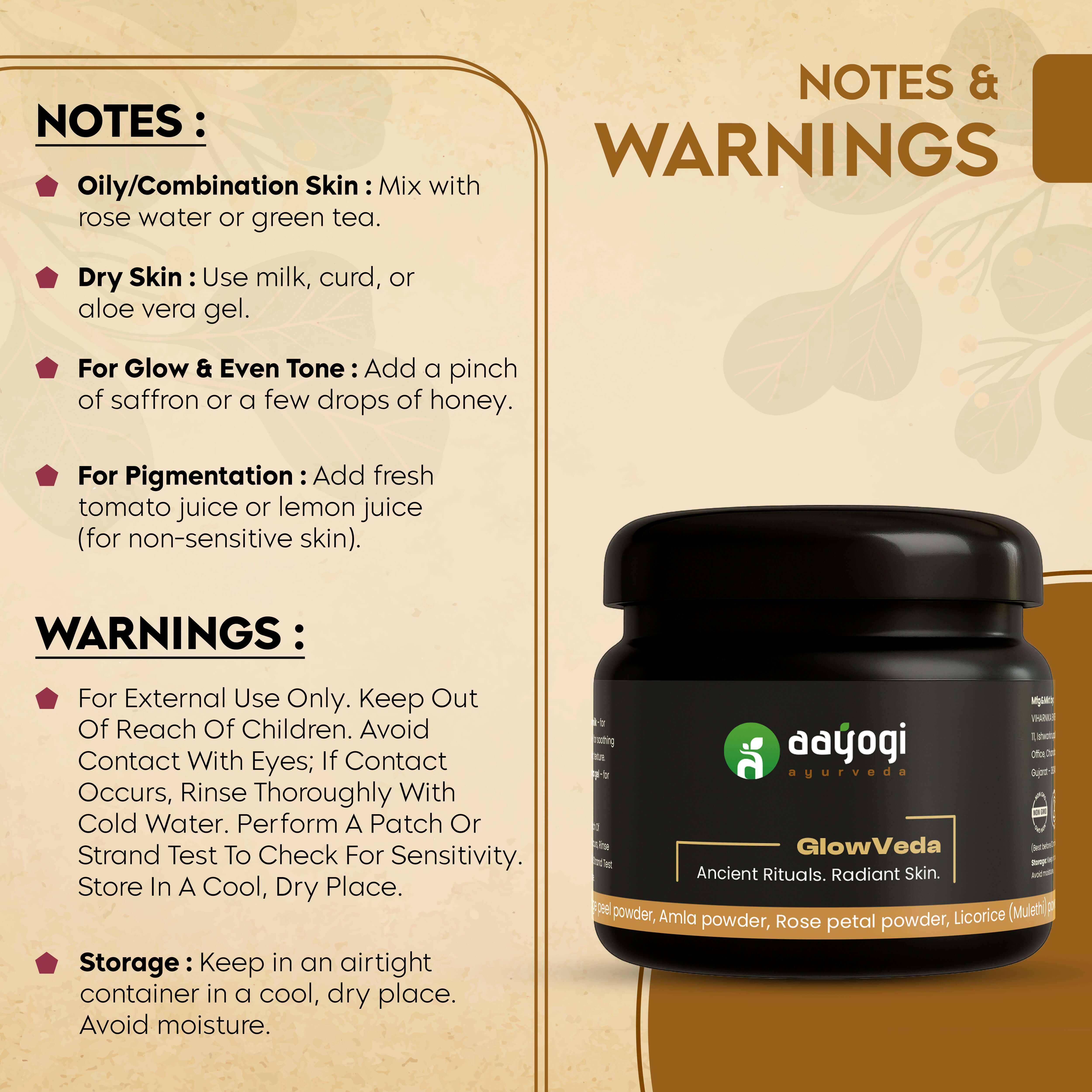 GlowVeda Herbal Bath Powder jar with notes and warnings for skin types, by Aayogi Ayurveda.