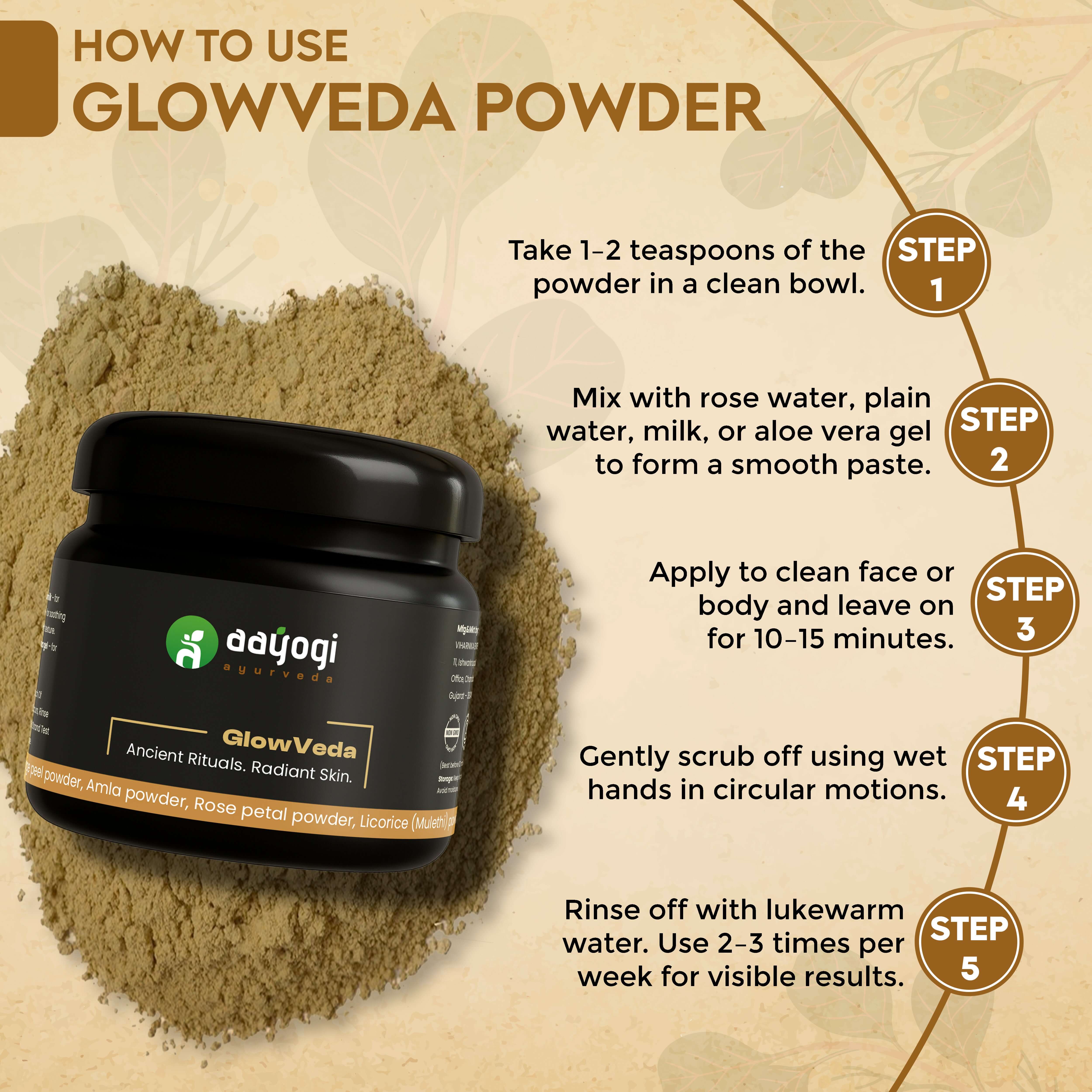 GlowVeda herbal bath powder usage instructions on image, featuring Aayogi Ayurveda jar with application steps and premium herbs list.