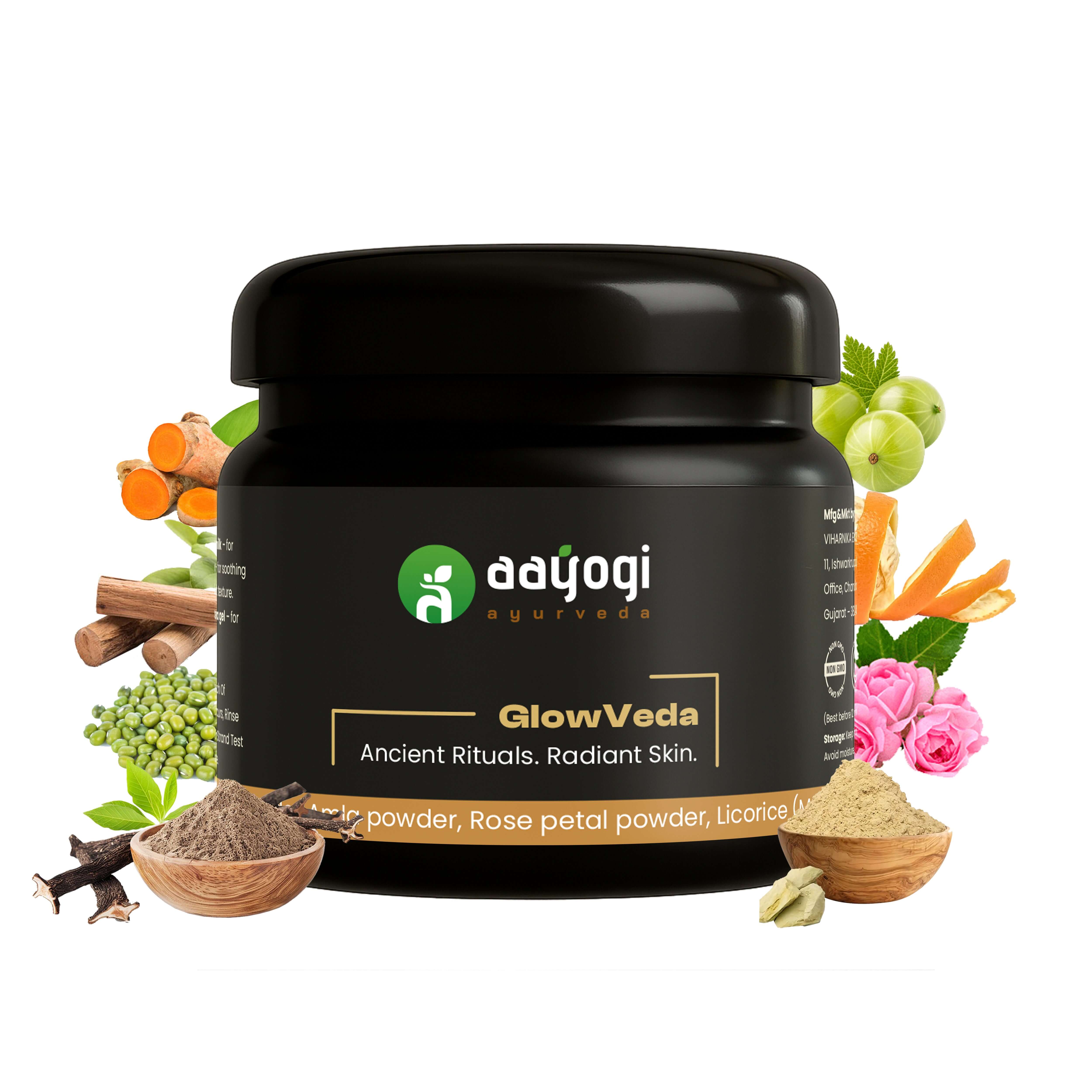 GlowVeda Herbal Bath Powder by Aayogi Ayurveda with natural ingredients like green gram and rose petals for skin brightening.