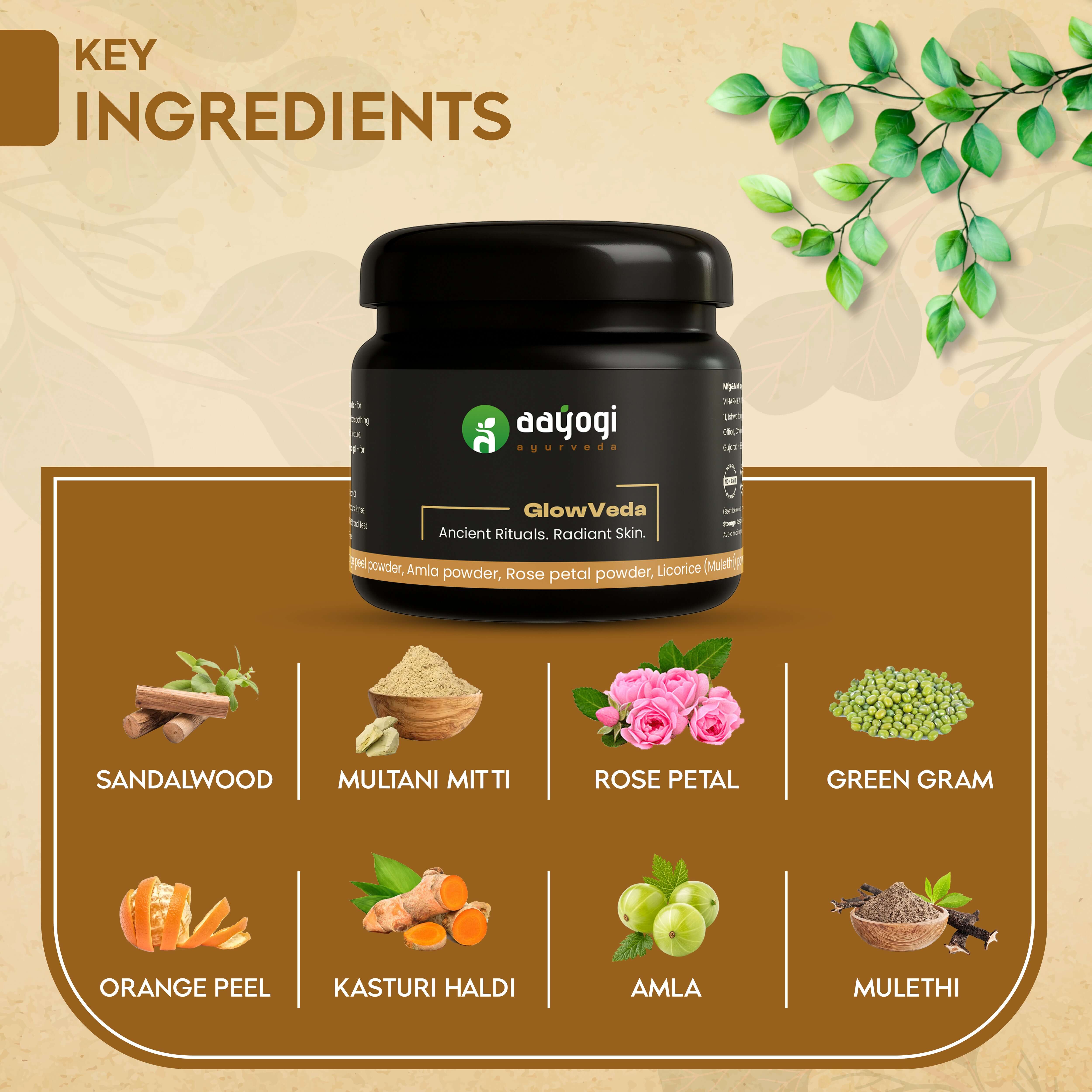 GlowVeda Herbal Bath Powder by Aayogi Ayurveda featuring key ingredients: Sandalwood, Multani Mitti, Rose Petal, Green Gram.