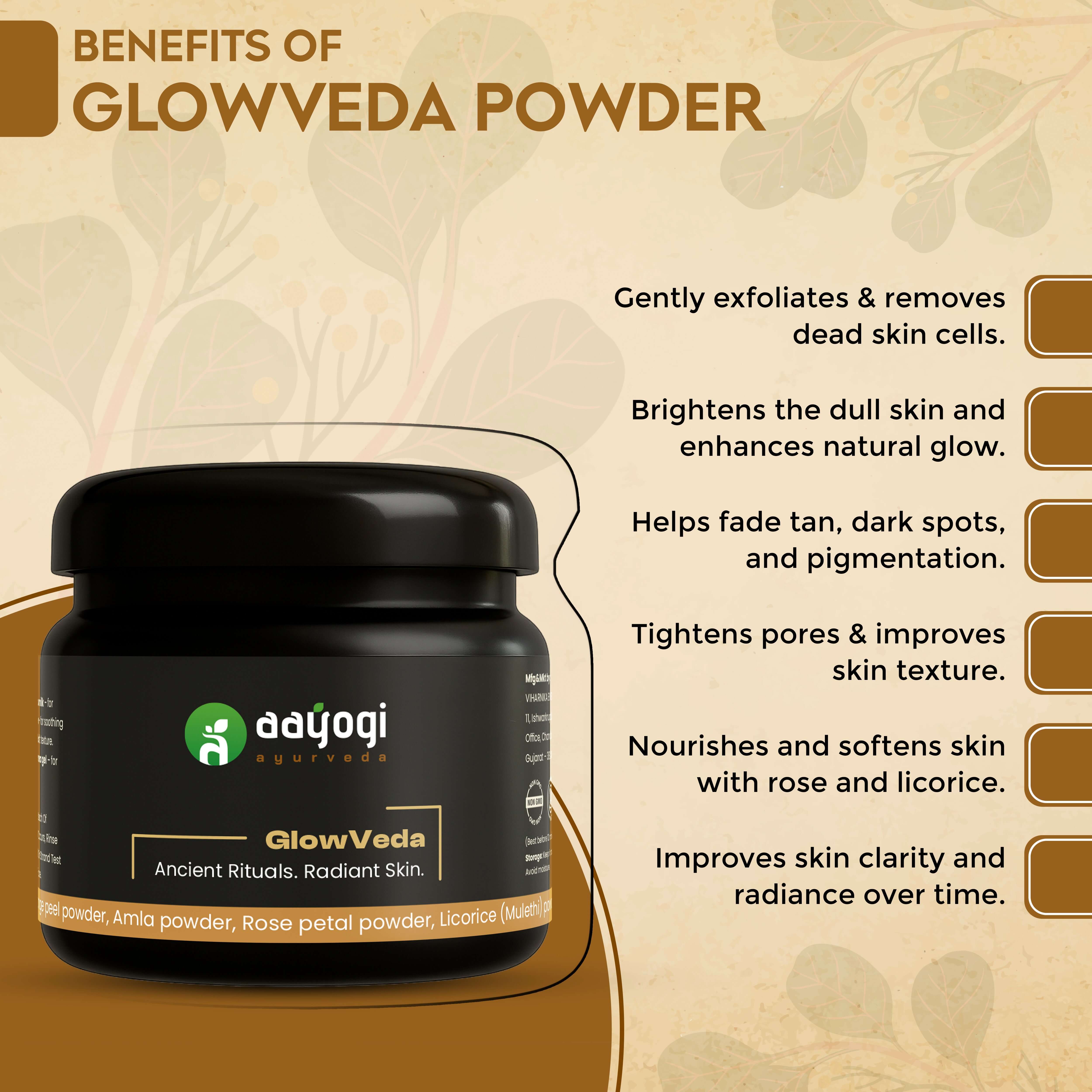 GlowVeda herbal bath powder by Aayogi Ayurveda for skin brightening and natural glow with benefits like exfoliation and pore tightening.