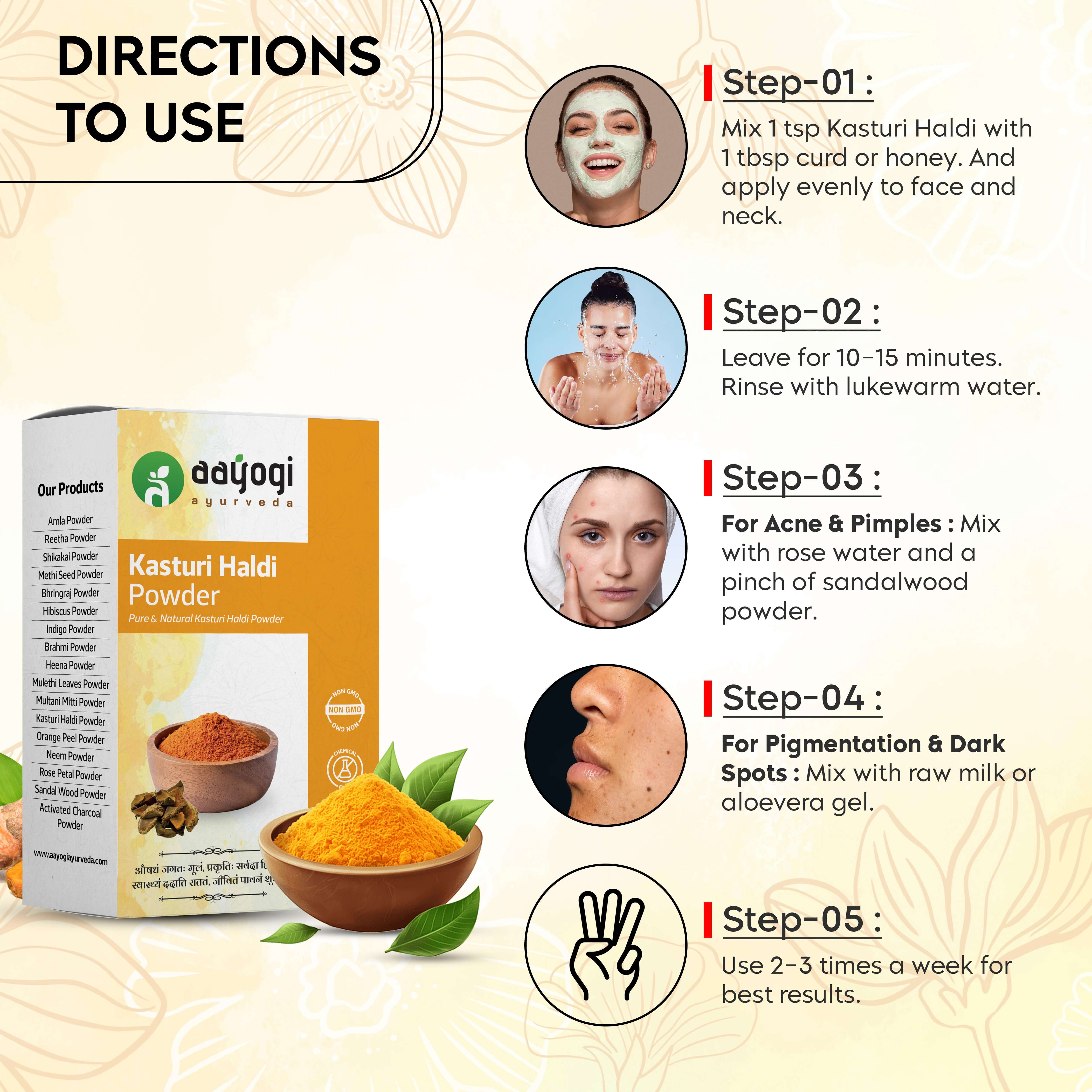 Aayogi Ayurveda Kasturi Haldi Powder usage instructions for acne, pigmentation, and dark spots treatment using natural ingredients.