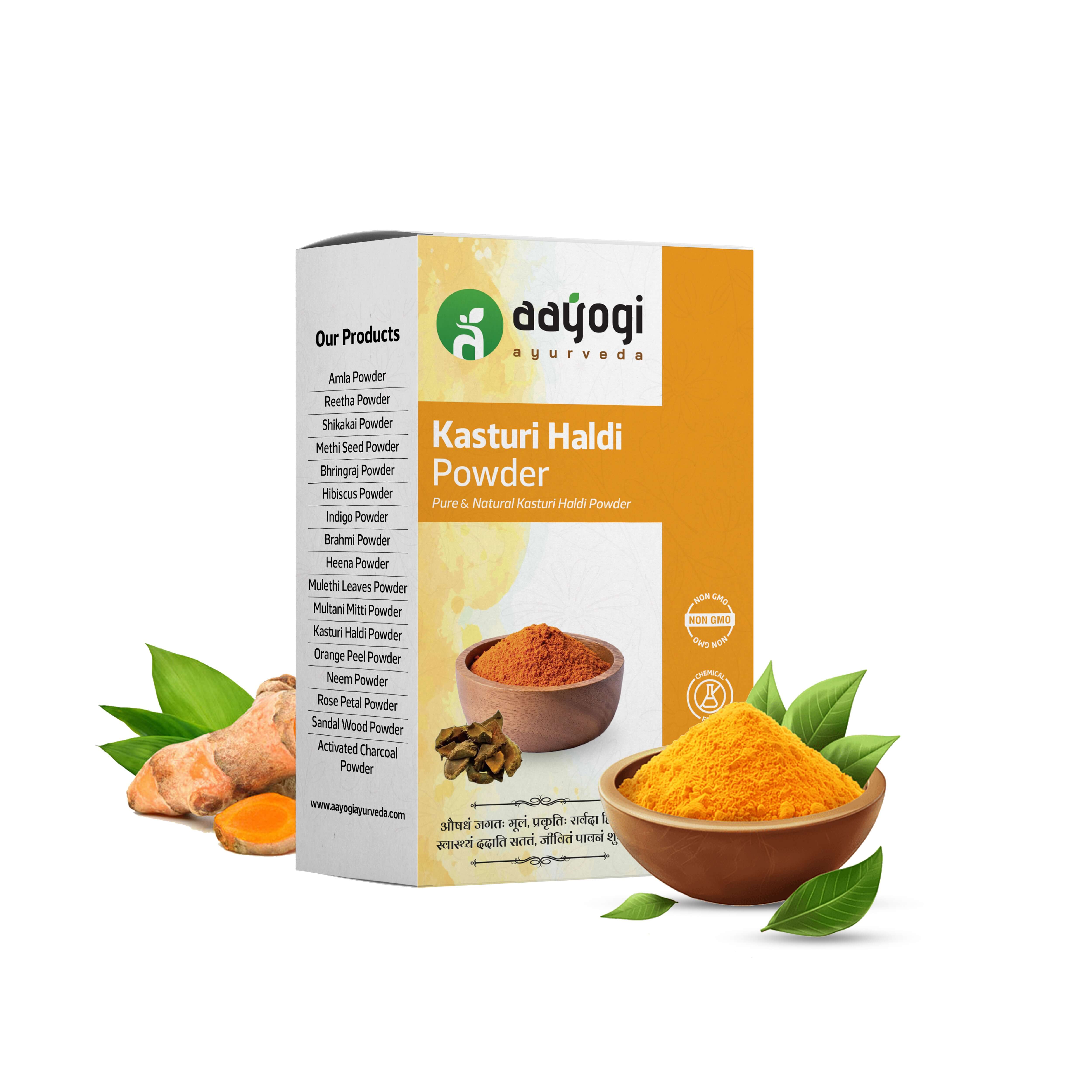 Golden Glow Kasturi Haldi Powder by Aayogi Ayurveda for cosmetic use, featuring a bowl of aromatic turmeric powder and fresh turmeric.