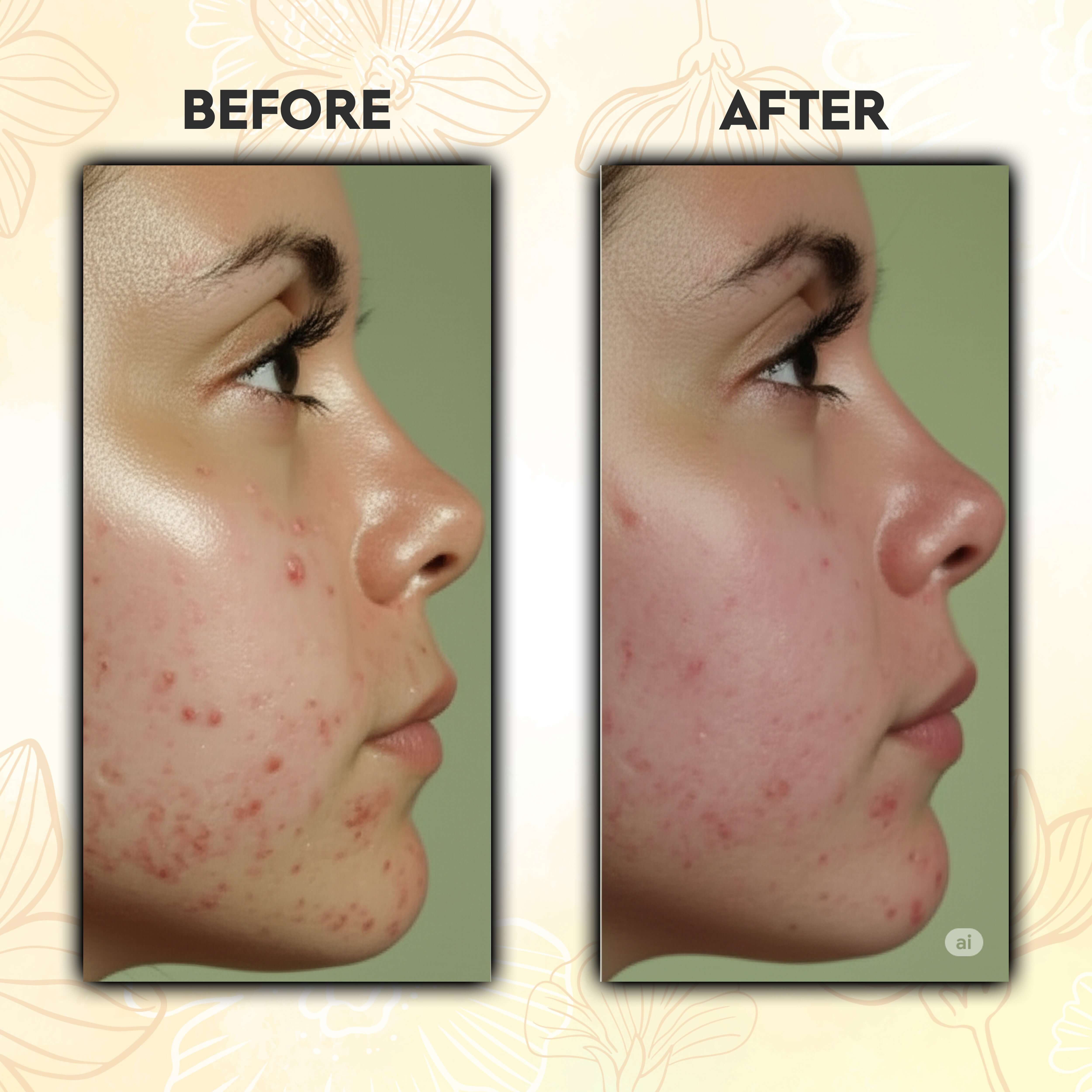 Before and after using Golden Glow Kasturi Haldi Powder for clearer skin improvement.