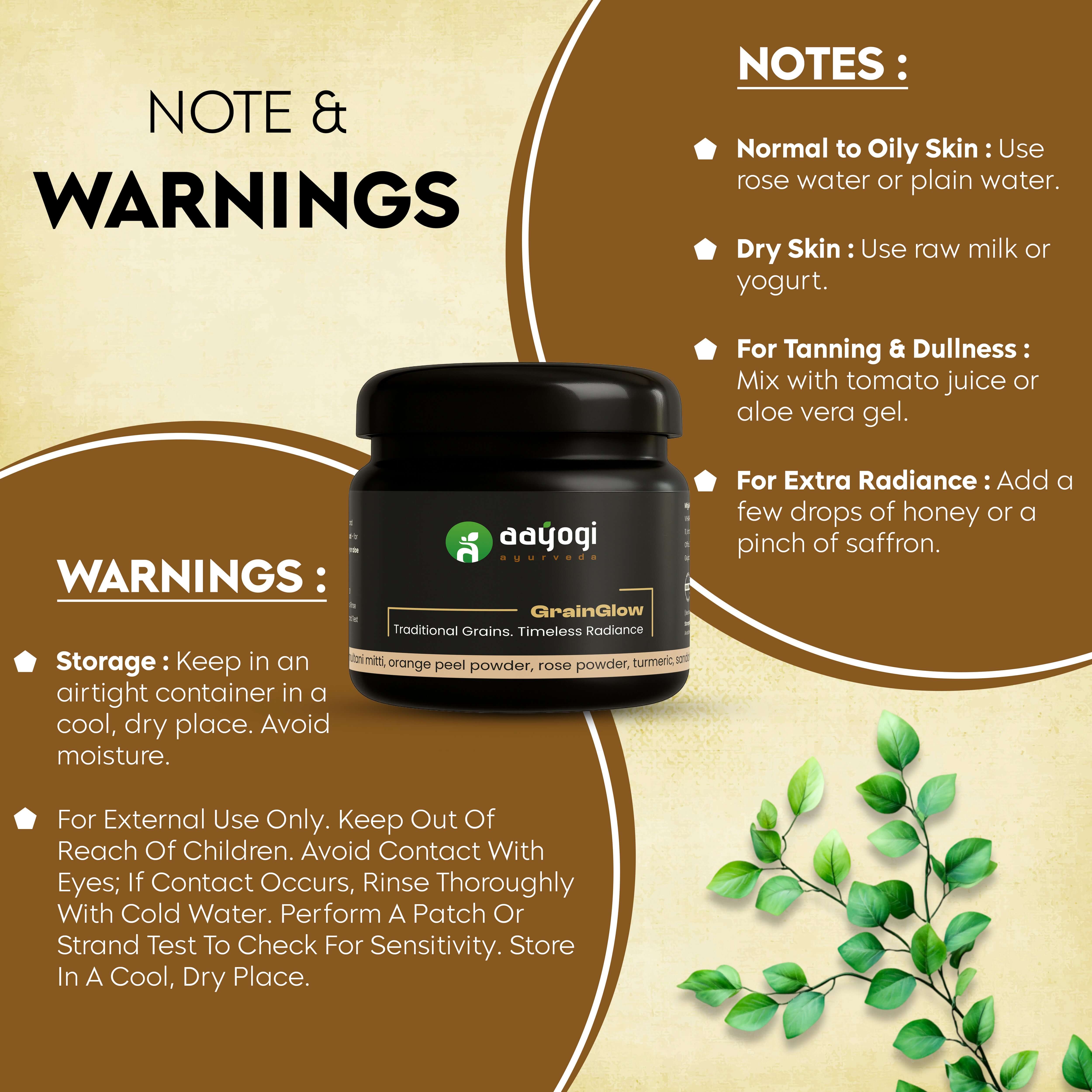Ayurvedic product container with notes and warnings on a beige background