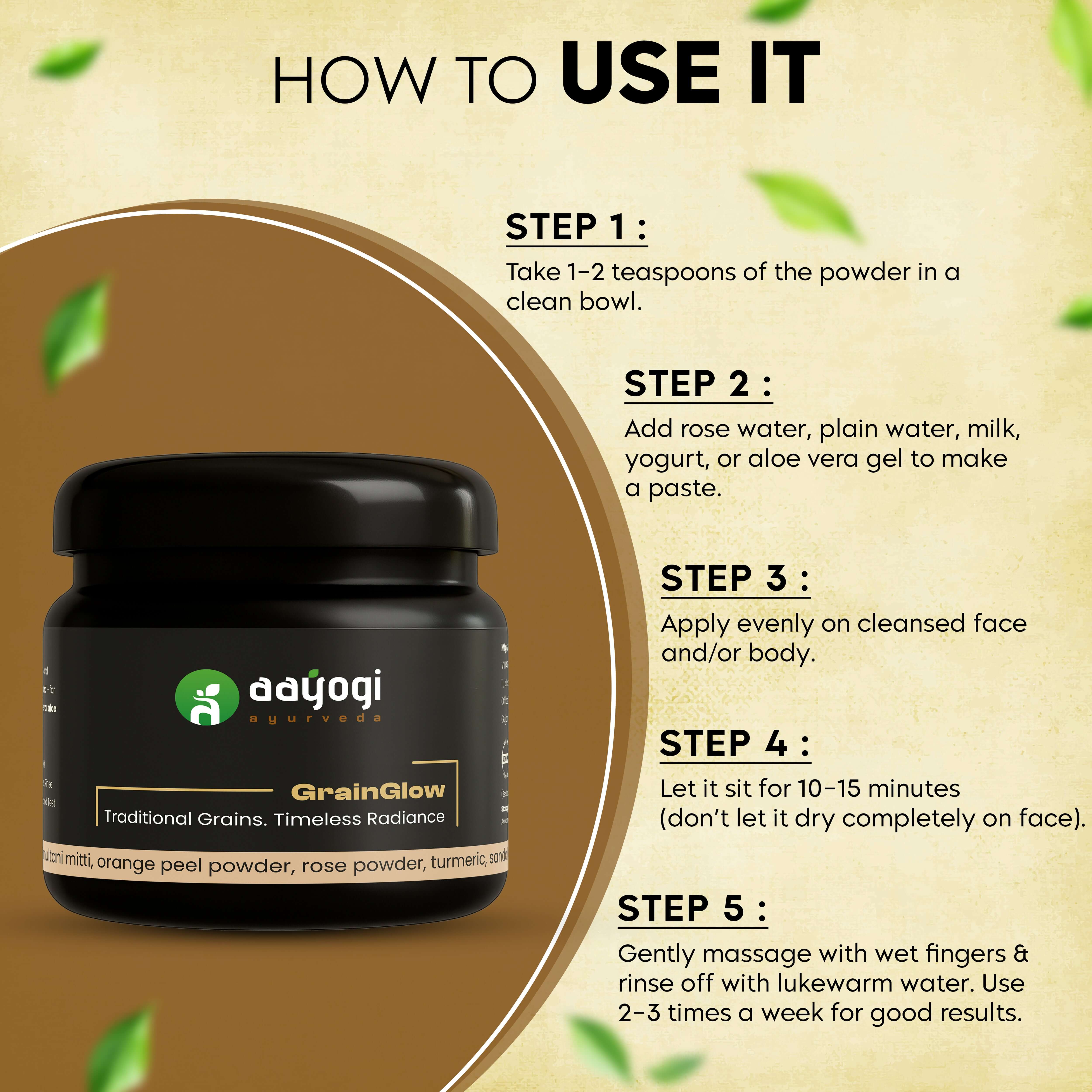 GrainGlow Rice Ubtan Powder usage steps for brightening and exfoliation.