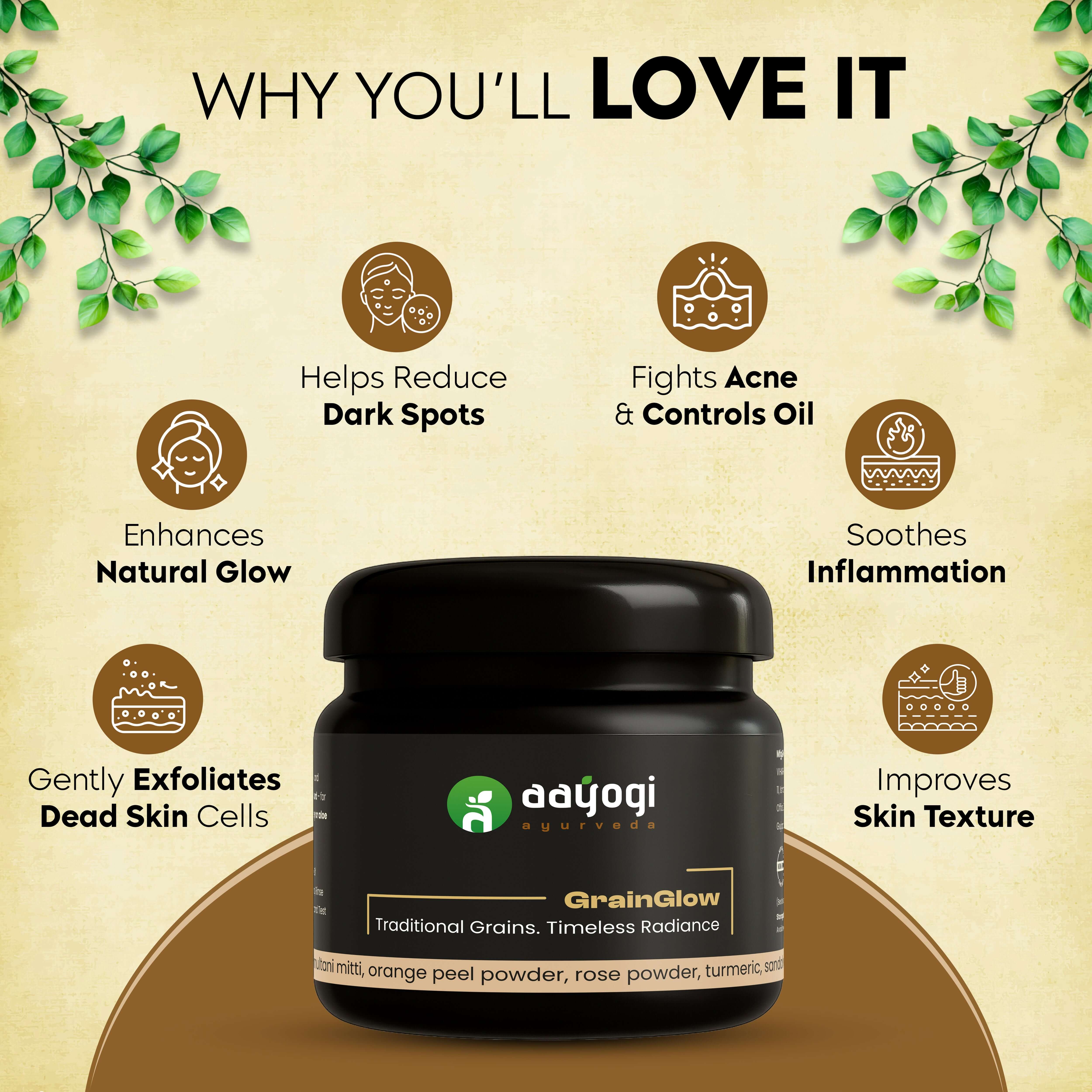 GrainGlow Rice Ubtan Powder jar with benefits including dark spot reduction, acne control, exfoliation, and skin texture improvement.