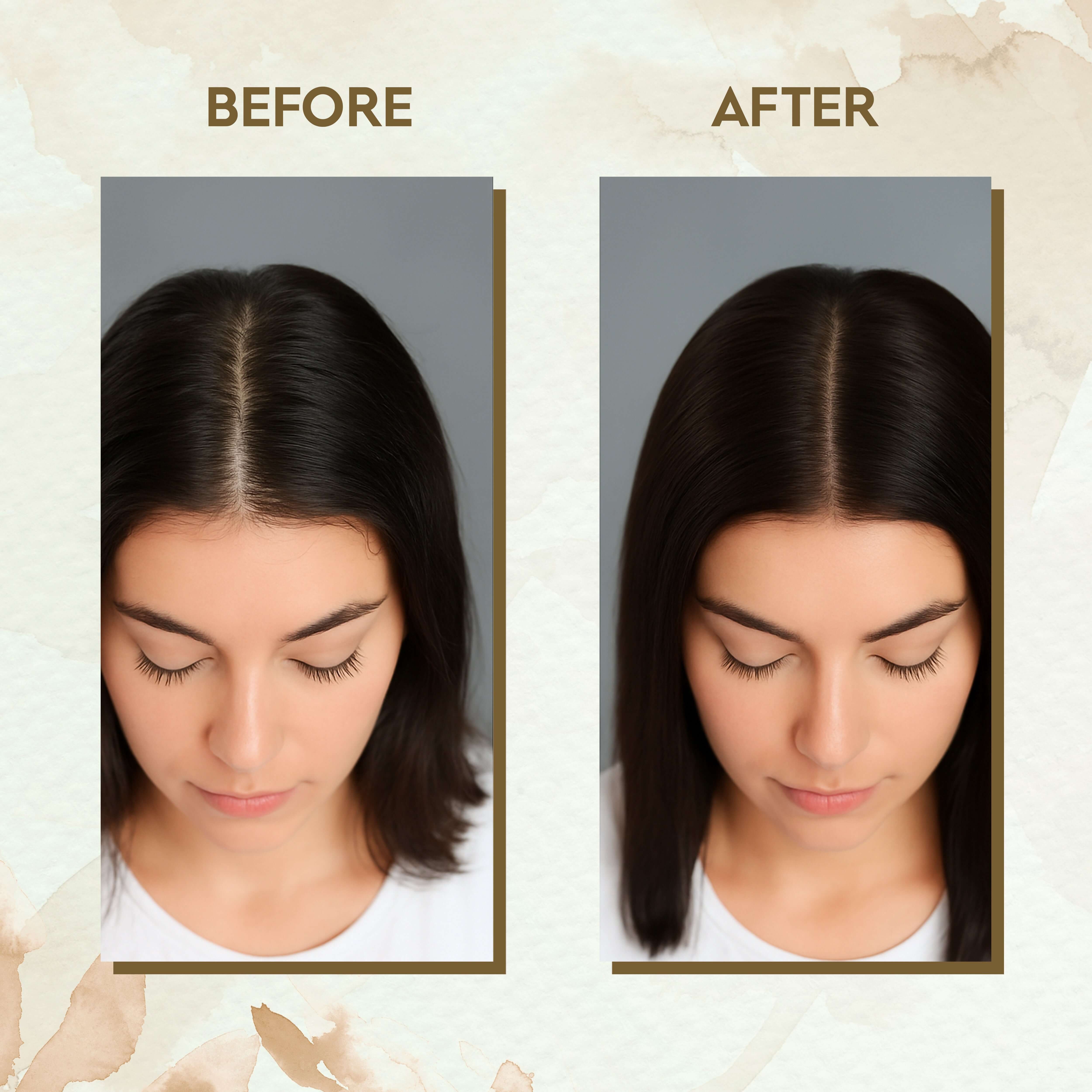 Before and after images showing improved hair health using Roots & Boots herbal powder blend.