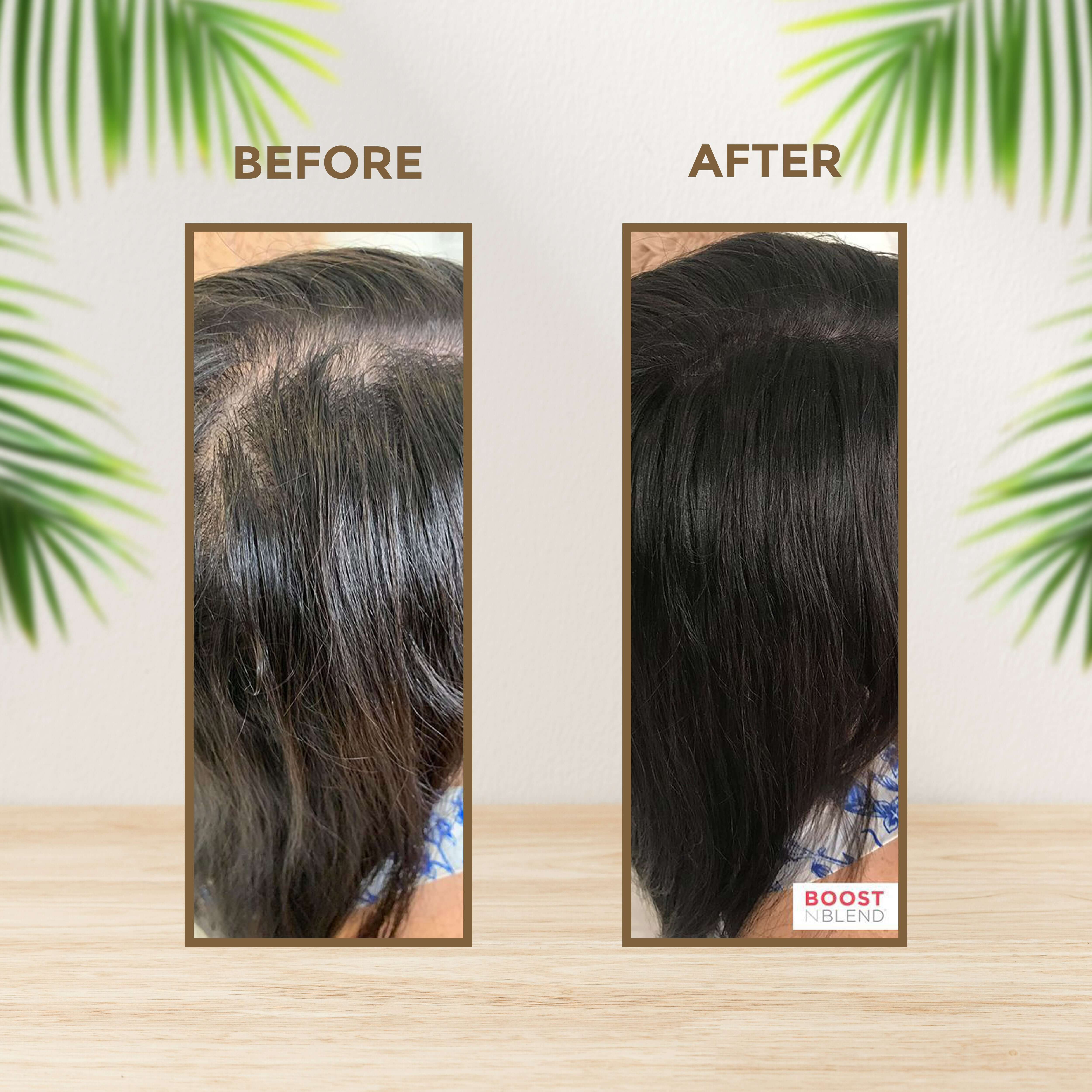 Before and after comparison of hair treated with Boost N Blend, showing improved thickness and shine.
