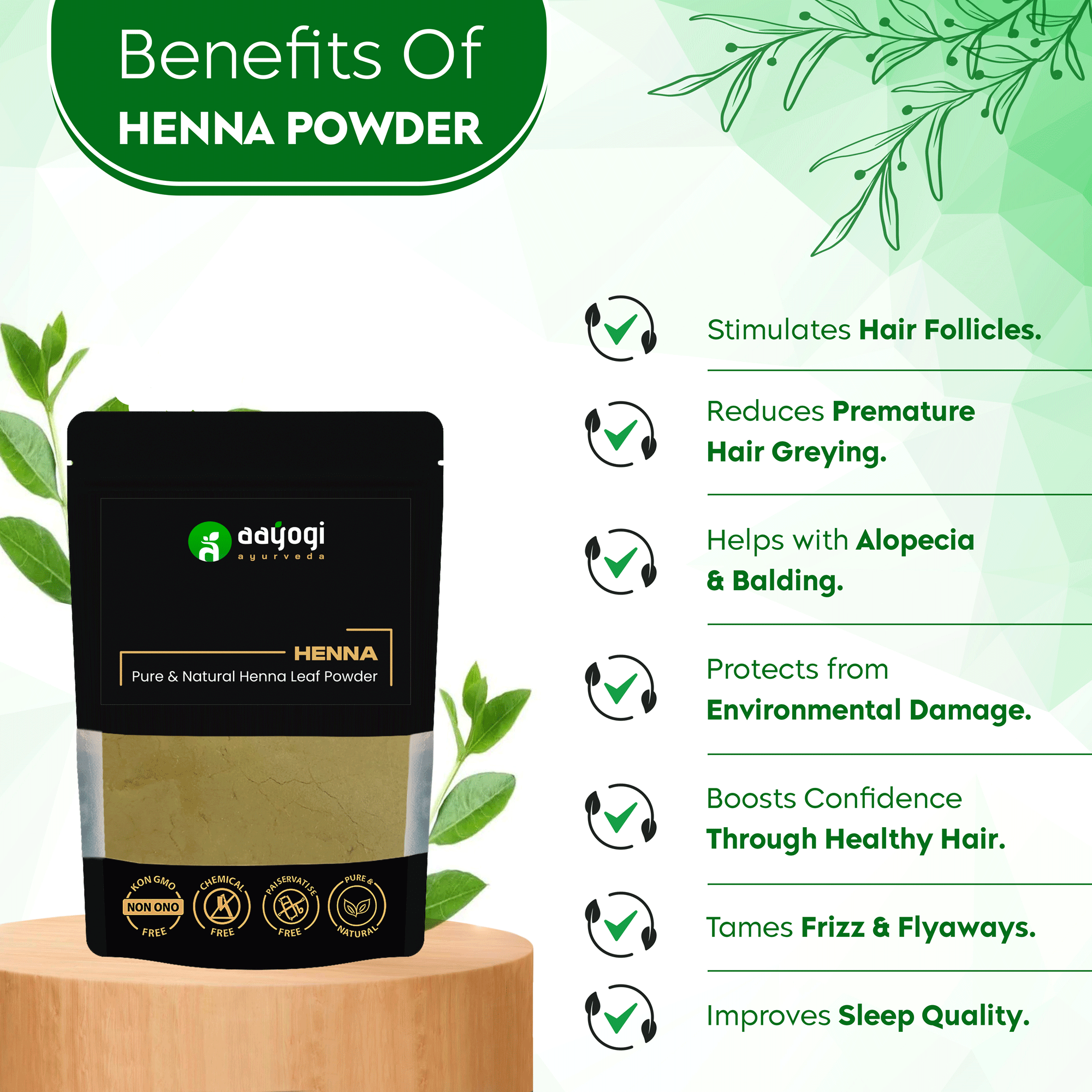 Benefits of Aayogi Ayurveda's Pure Henna Leaf Powder with hair care advantages highlighted on packaging.