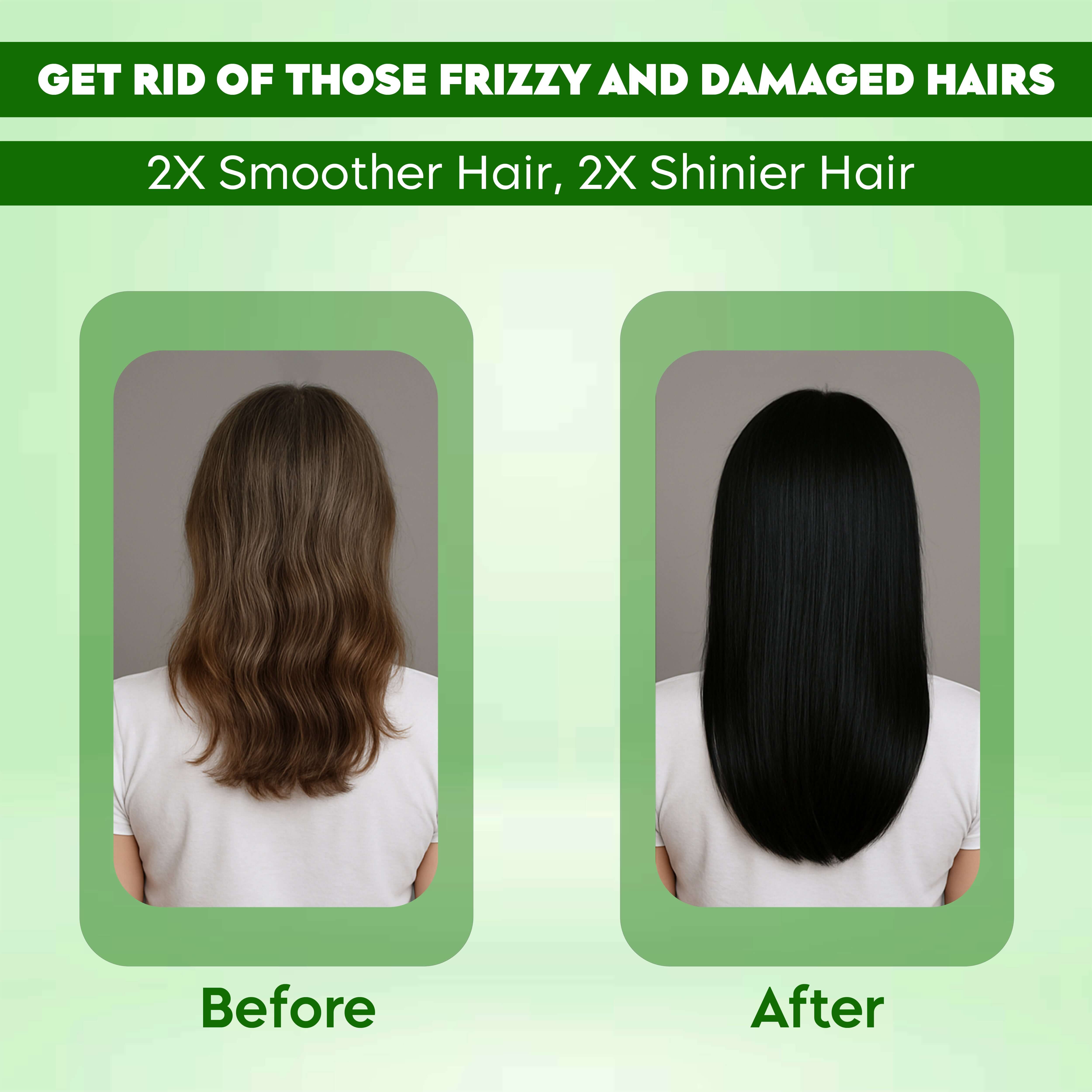 Before and after results of hair treated with natural dye, showing transition from frizzy to smooth and shiny hair.