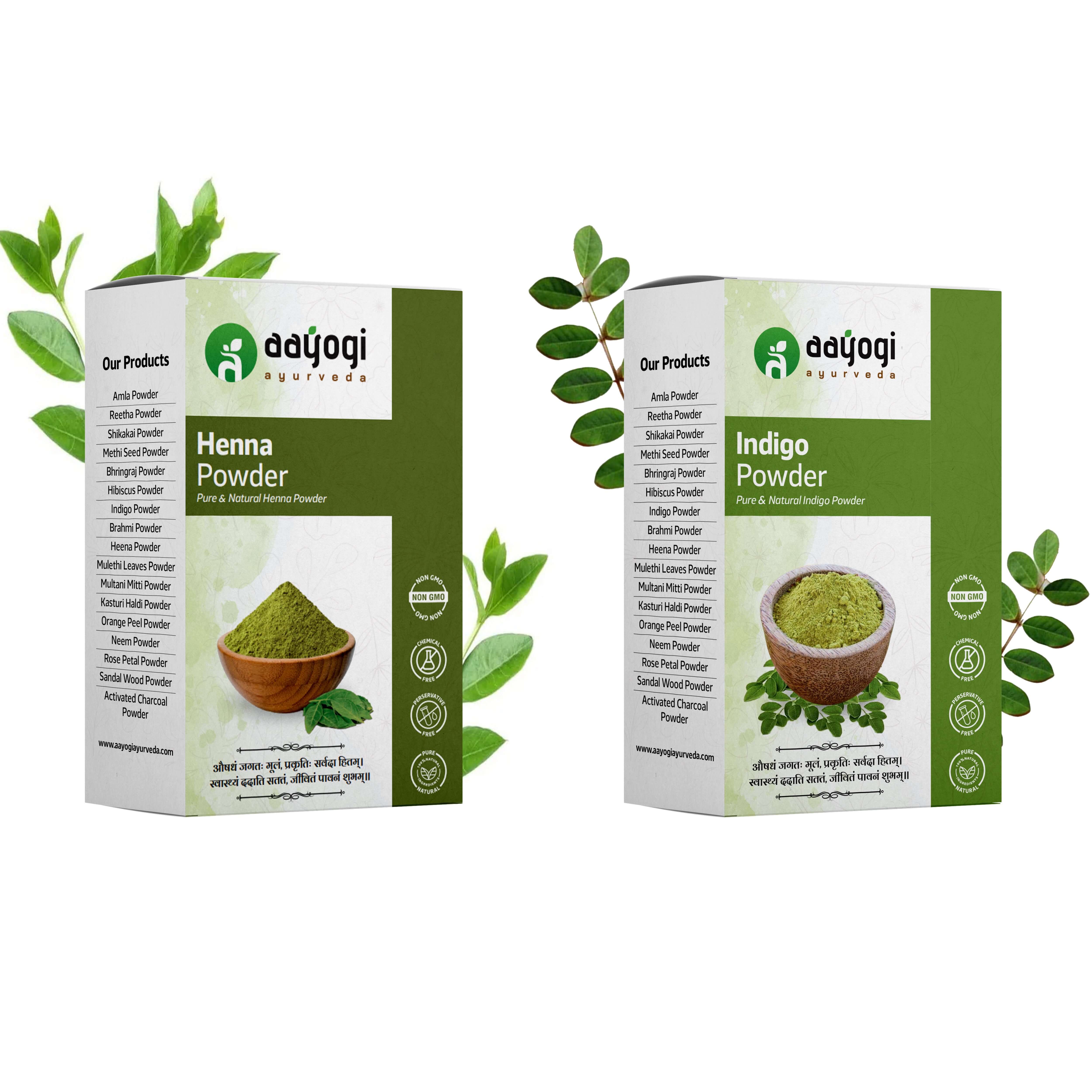 Natural Hair Color Duo - Henna & Indigo Powder for rich, chemical-free hair color; includes eco-friendly green packaging.