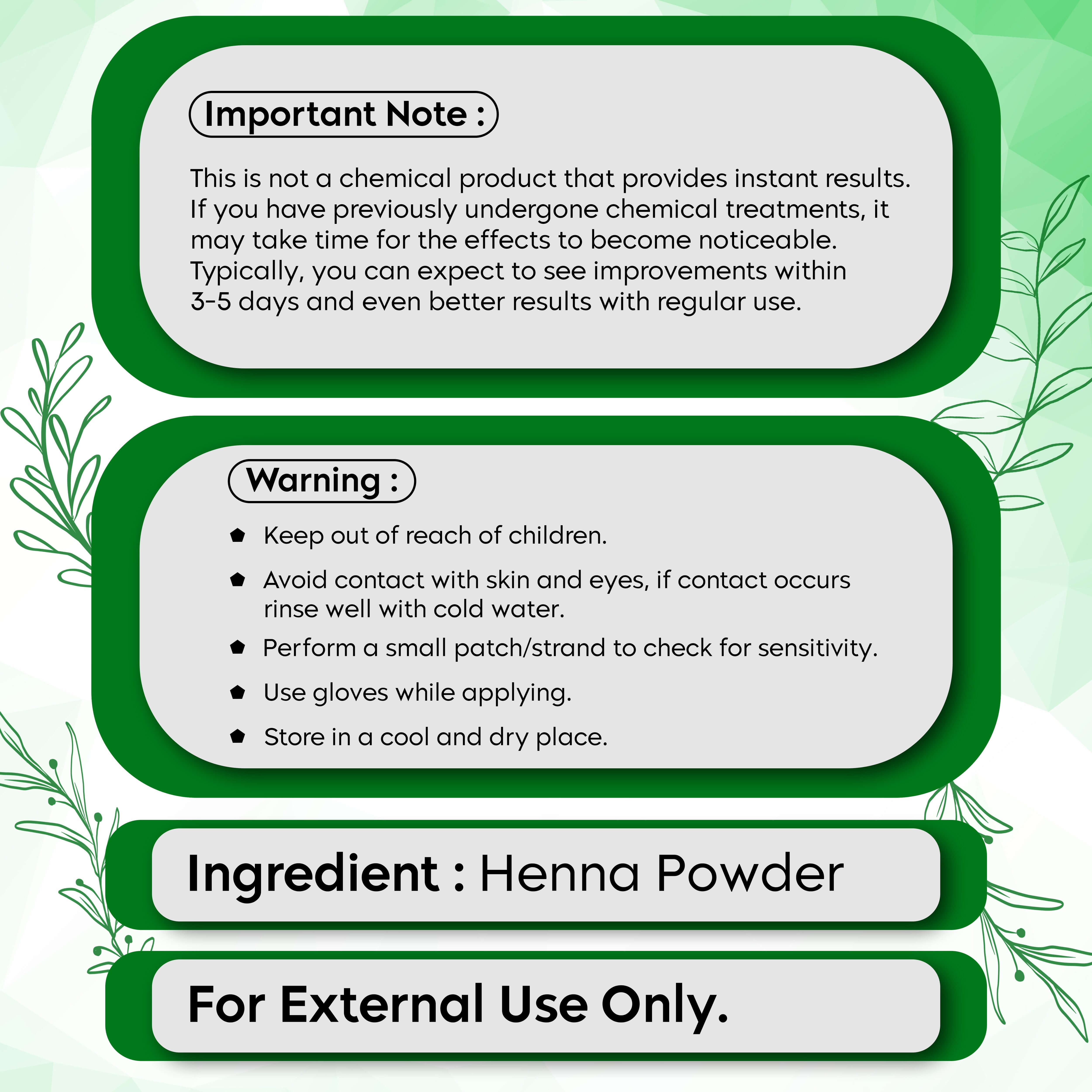 Henna powder usage instructions and warnings for external use, featuring safety guidelines and important notes for optimal results.