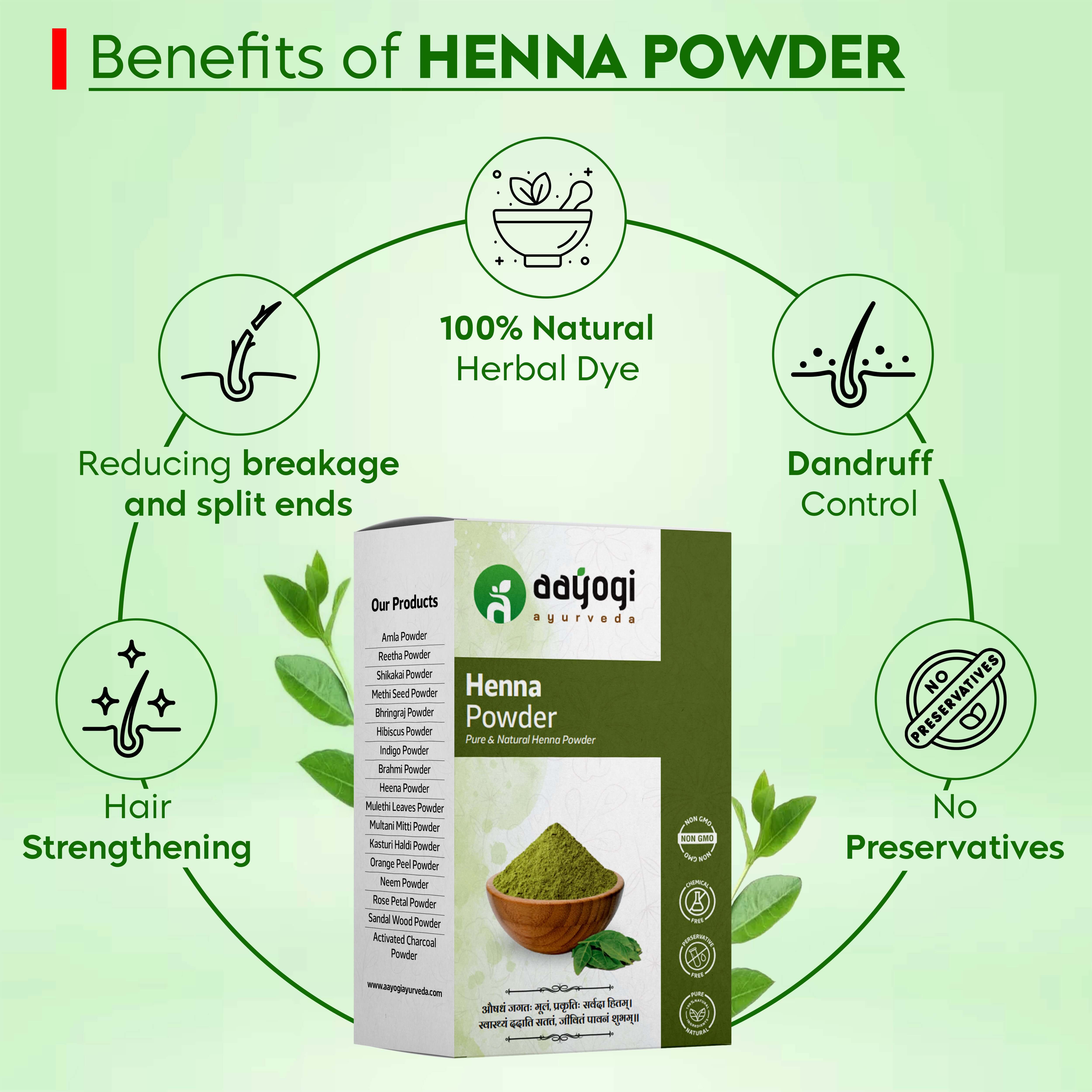 Box of henna powder surrounded by icons highlighting benefits: 100% natural dye, dandruff control, hair strengthening, no preservatives.