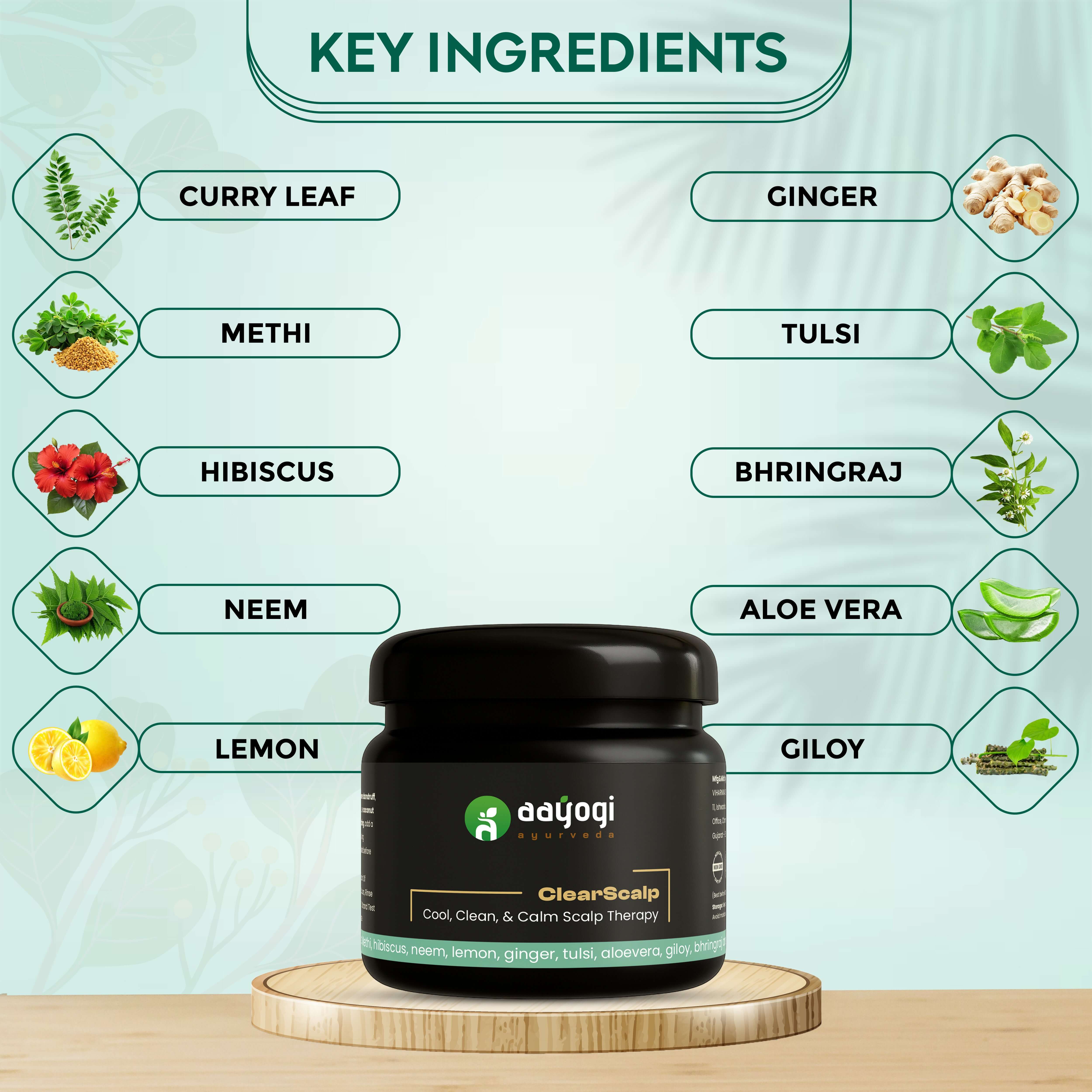 ClearScalp powder by Aayogi Ayurveda highlighting 10 ayurvedic herbs like neem, hibiscus, and aloe vera for dandruff and scalp care.