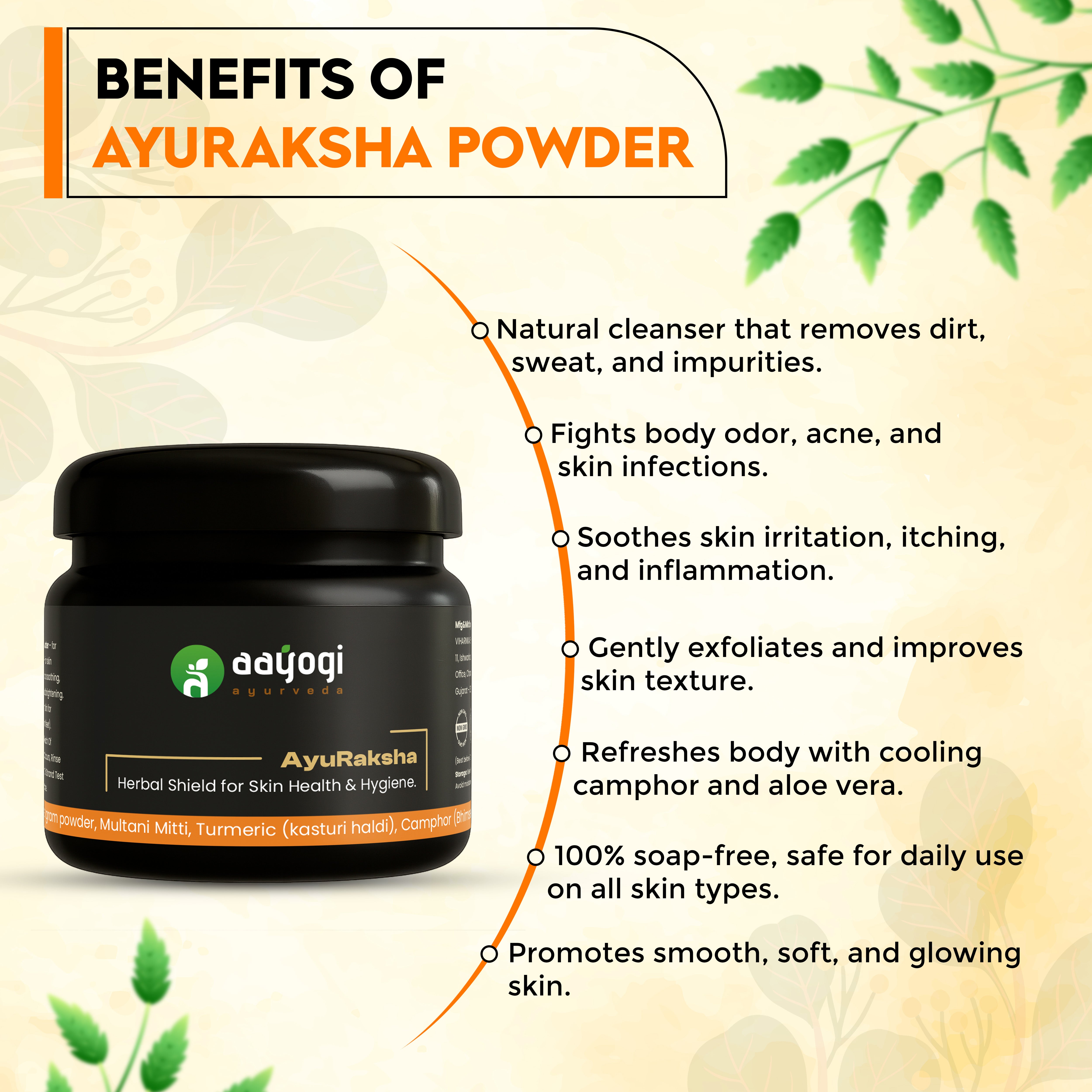 AyuRaksha Herbal Antibacterial Bath Powder by Aayogi Ayurveda with benefits for skin protection, odor control, and glowing skin.
