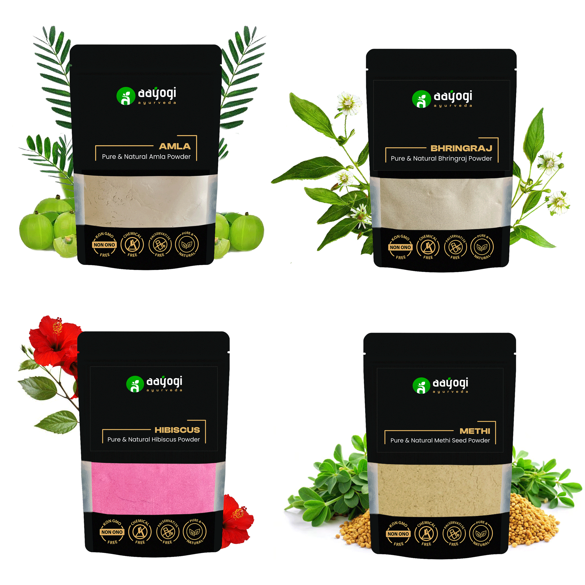 Herbal Hair Combo featuring Amla, Bhringraj, Hibiscus, and Methi powders by Aayogi Ayurveda for growth, repair, and shine.