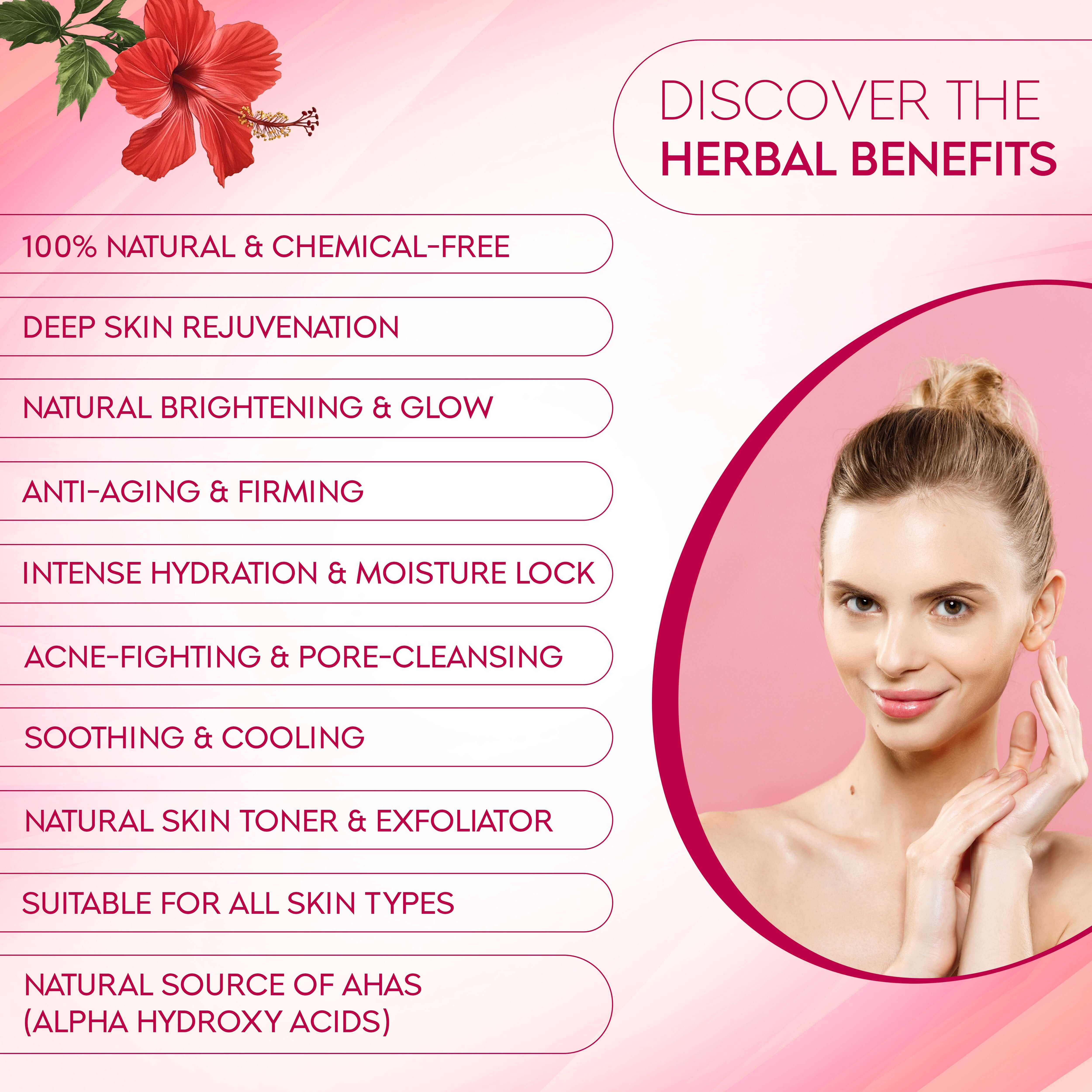 Herbal benefits of skincare with rose and hibiscus powder, highlighting rejuvenation, hydration, anti-aging, and natural glow features.