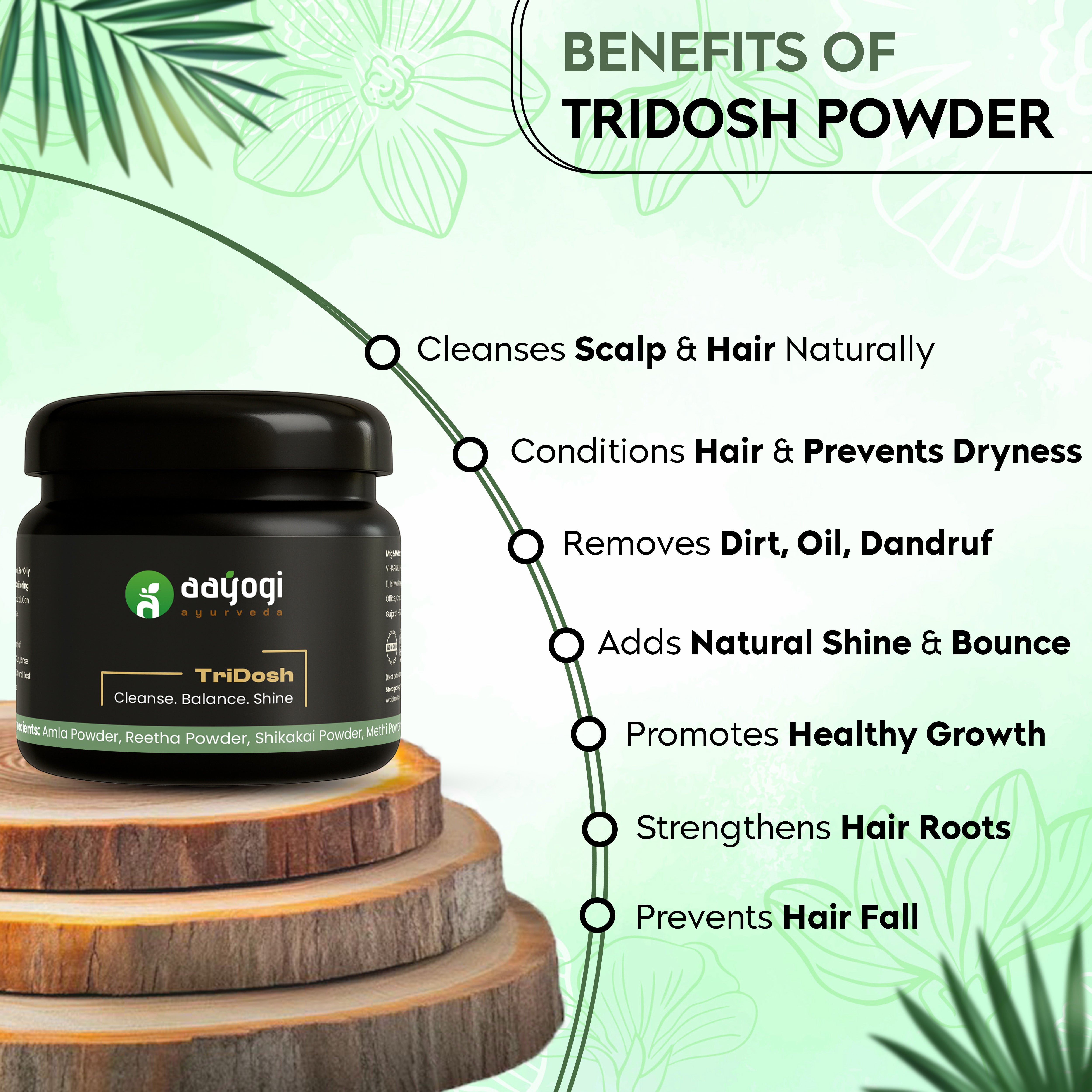 TriDosh Ayurvedic Hair Wash Powder benefits infographic - natural cleansing, shine, healthy growth, prevent hair fall.