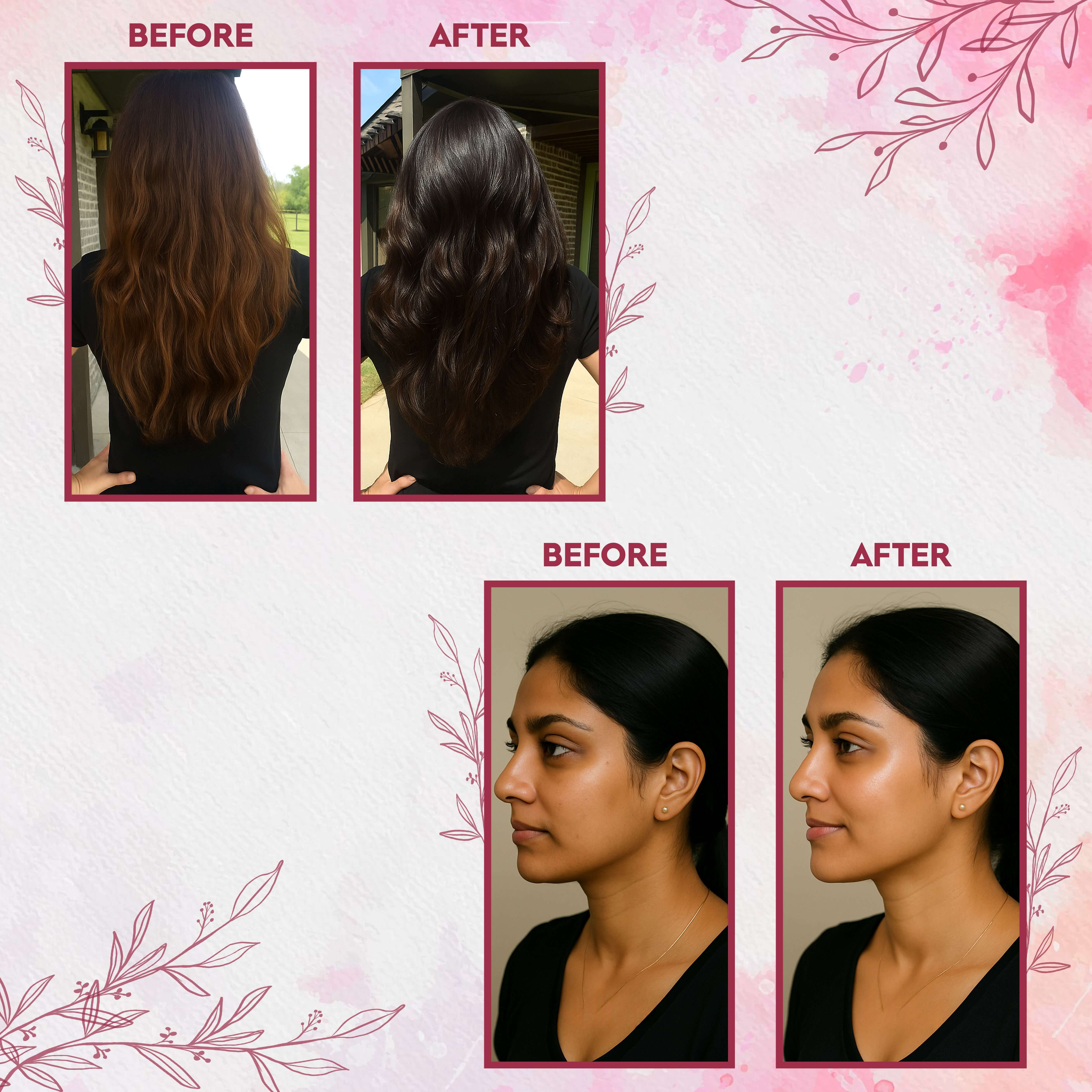 Before and after results of using hibiscus powder for improved hair shine and skin glow, showcasing vibrant transformation.