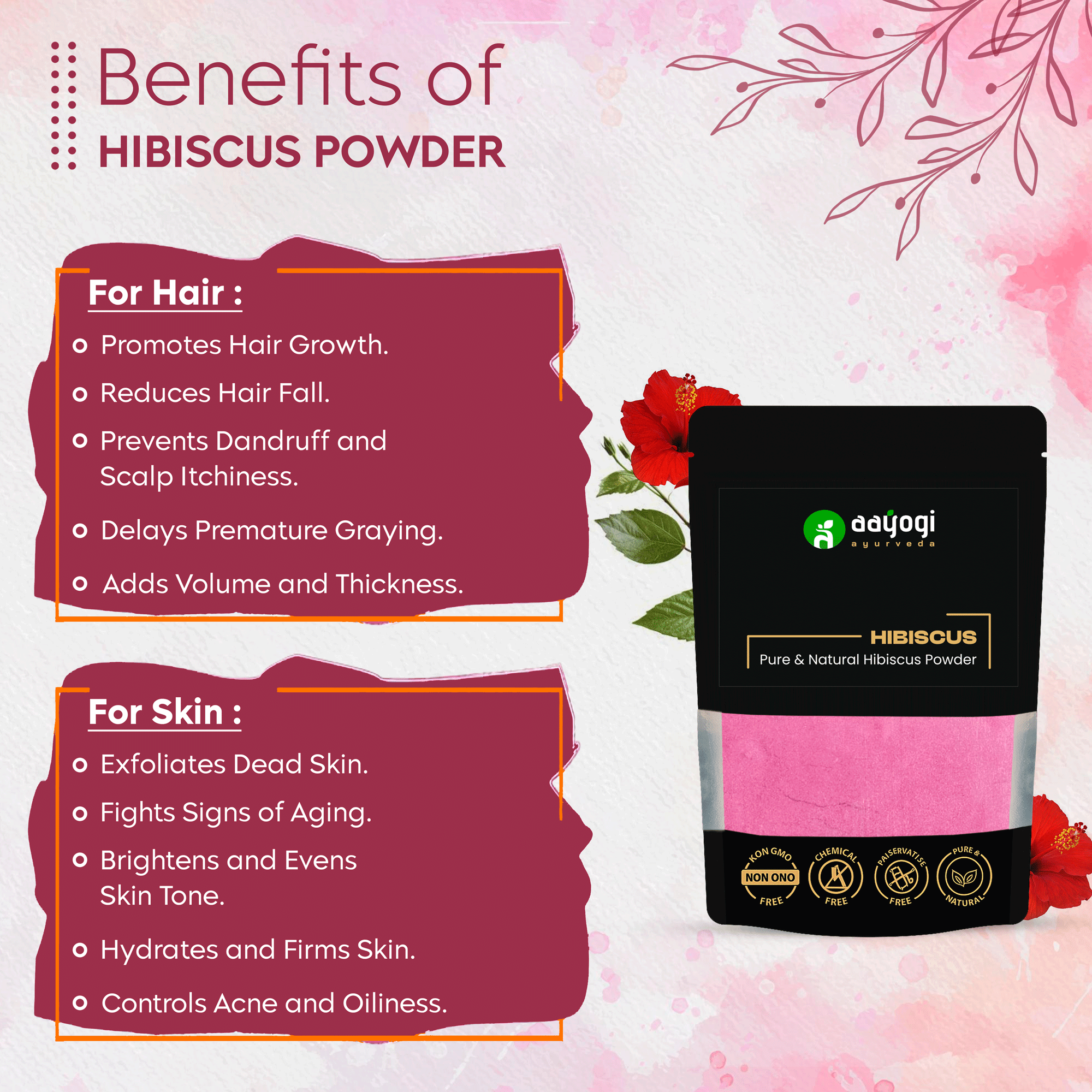 Aayogi Ayurveda's Hibiscus Powder benefits for hair and skin shown in a vibrant pink and orange infographic.